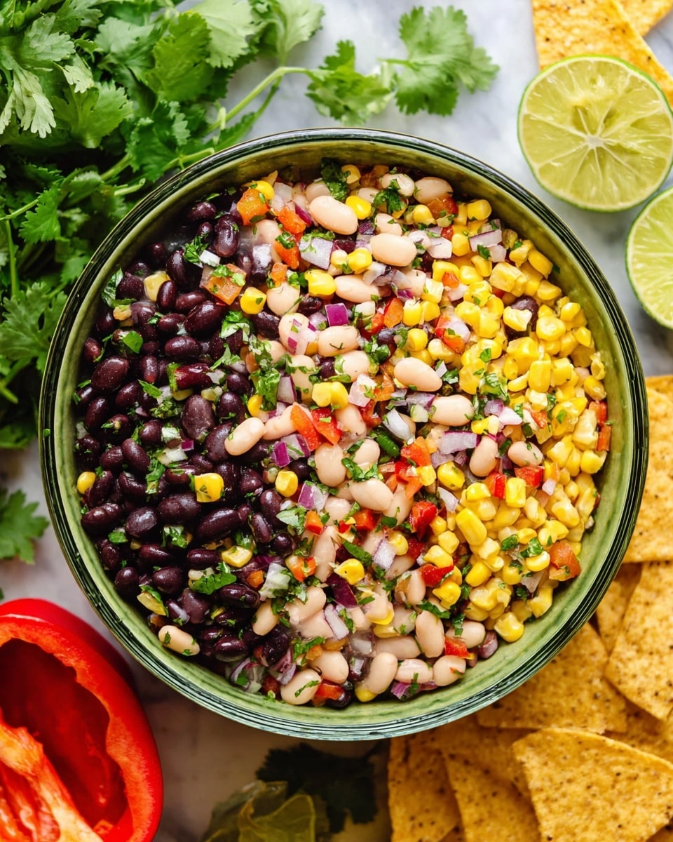 A close-up view of a large white bowl filled with a colorful mix of black beans, white beans, yellow corn, finely chopped red pepper, red onion, and fresh green cilantro leaves scattered throughout. The beans and vegetables are evenly mixed, creating a vibrant and textured appearance with a slight shine. The bowl is sitting on a white marbled surface, and soft, natural lighting brings out the bright colors and fresh look of the salad. photo taken with an iphone --ar 4:5 --v 7