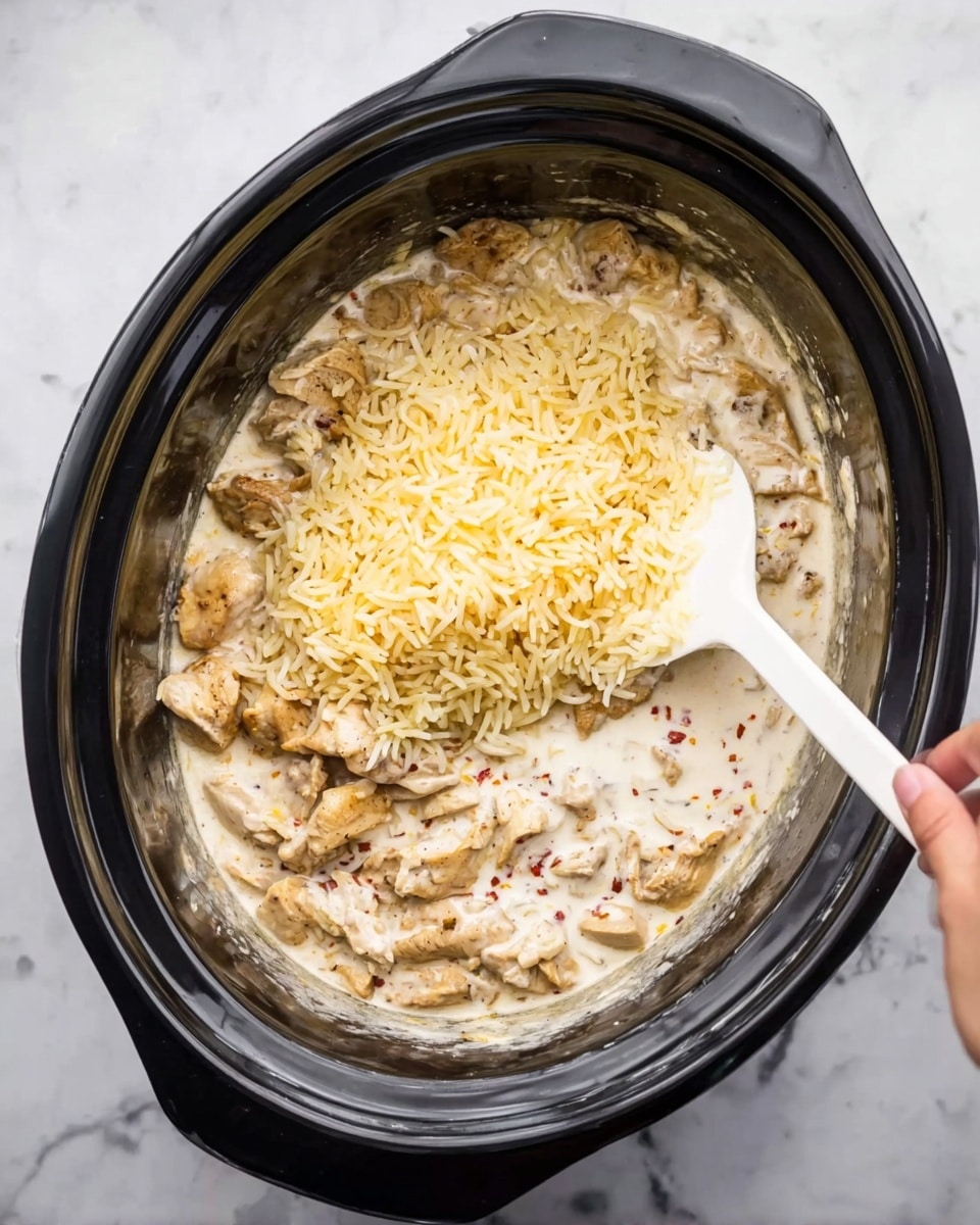 The image shows an overhead view of a slow cooker filled with creamy cooked chicken pieces and white rice placed in the center. The slow cooker is black and sits on a white marbled surface. The chicken is light brown with some darker spots, surrounded by a layer of creamy white sauce mixed with small bits of red seasoning. The rice is yellowish and piled in the center on top of the chicken and sauce. A white spatula is partially dipped into the mixture on the right side, held by a woman's hand, stirring the ingredients together. photo taken with an iphone --ar 4:5 --v 7