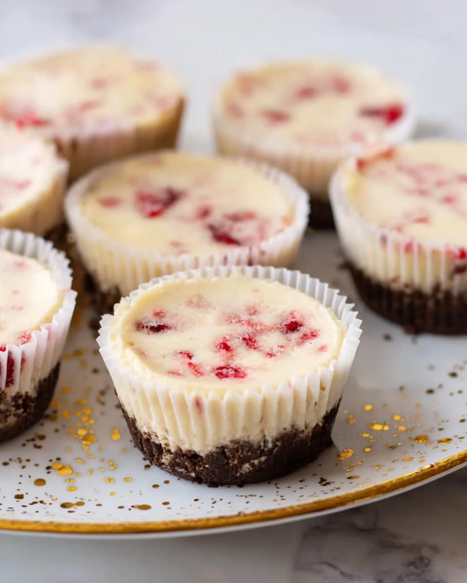 The image shows several mini cheesecakes in white paper cupcake liners arranged on a white plate with gold speckles and a gold rim, placed on a white marbled surface. Each cheesecake has two distinct layers: the bottom layer is dark brown and crumbly like a cookie crust, while the top layer is creamy light beige with visible small red bits mixed in. The cheesecakes have a smooth texture on top, slightly rounded. The photo is close-up, focusing on a few cheesecakes in the center with a soft background blur. photo taken with an iphone --ar 4:5 --v 7