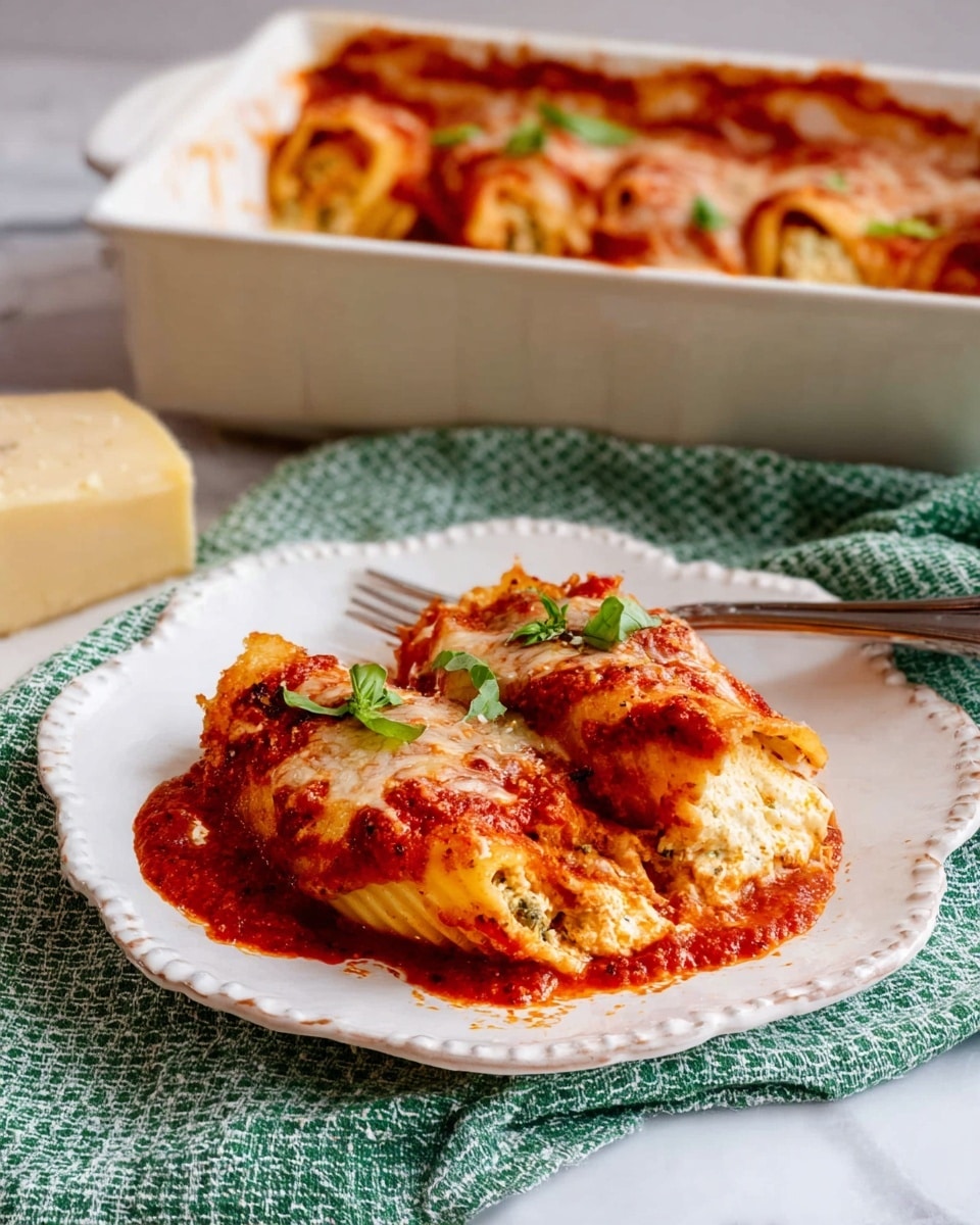A white scalloped plate holds a serving of three stuffed pasta rolls layered with rich red tomato sauce and melted golden cheese on top. The pasta is light tan with textured stuffing inside, mostly white with some hints of seasoning. Small green basil leaves decorate the top, adding contrast to the red sauce. The plate sits on a green checkered cloth, and to the side is a small block of pale yellow cheese. Behind the plate, there is a white rectangular baking dish still holding more pasta rolls covered with tomato sauce and melted cheese, also topped with basil leaves. The background shows a white marbled surface. photo taken with an iphone --ar 4:5 --v 7