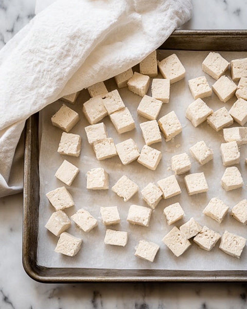 The image shows a large metal baking tray lined with white cloth, placed on a white marbled surface. On the tray are many small cubes of pale tofu, evenly spread out in rows with small spaces between them. The tofu cubes have a soft and slightly crumbly texture with a light cream color. The top left corner of the tray is partially covered with a wrinkled white cloth resting gently over some of the tofu cubes. Photo taken with an iphone --ar 4:5 --v 7