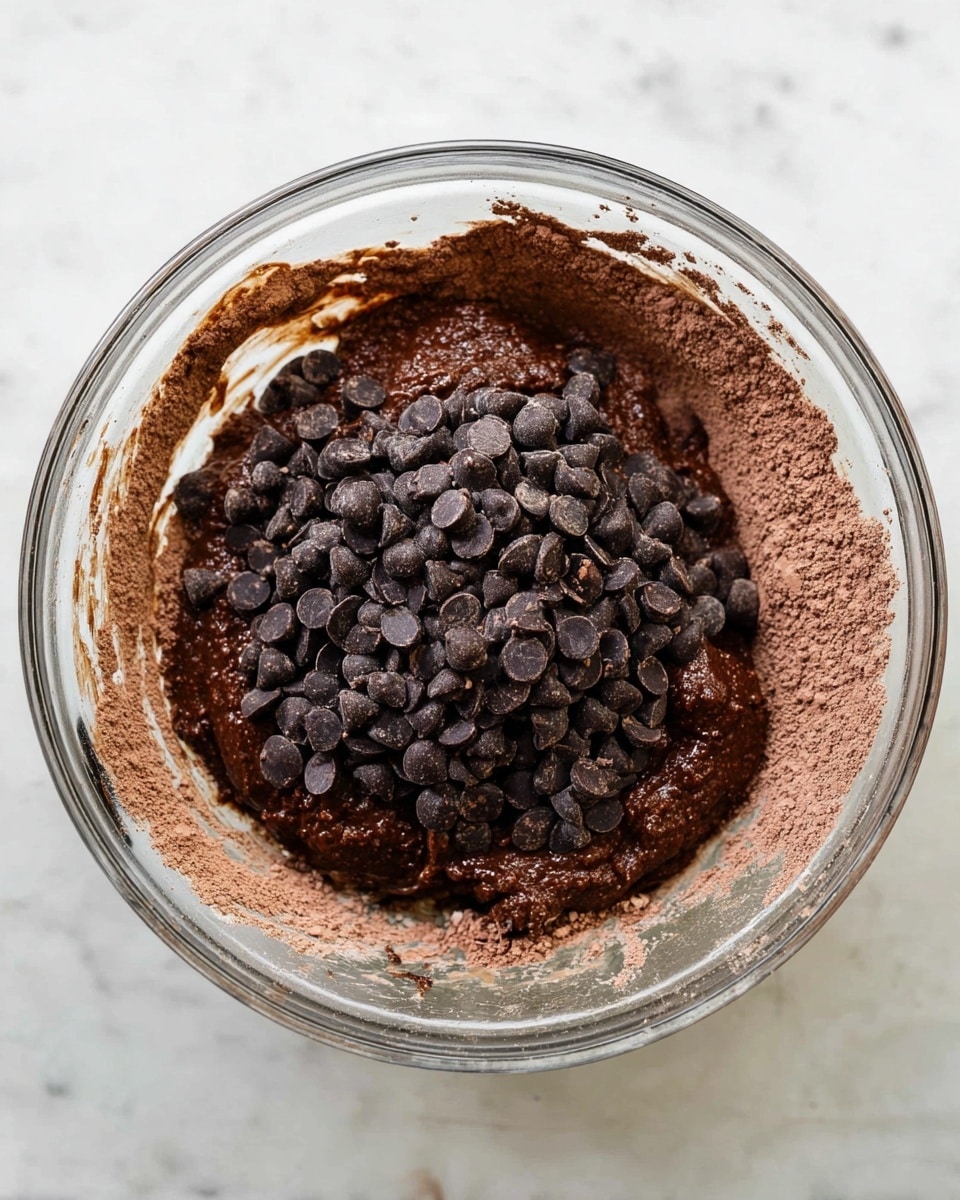 A clear glass bowl on a white marbled surface holds thick chocolate batter, dark brown and rich in texture. On top of the batter, there is a large pile of dark chocolate chips, roughly piled in the center, covering the middle of the batter. Around the edges of the batter, you can see some dry cocoa powder still not fully mixed, light brown in color and powdery, clinging to the sides of the bowl. The bowl shows some smudges of the chocolate batter around the sides. Photo taken with an iphone --ar 4:5 --v 7