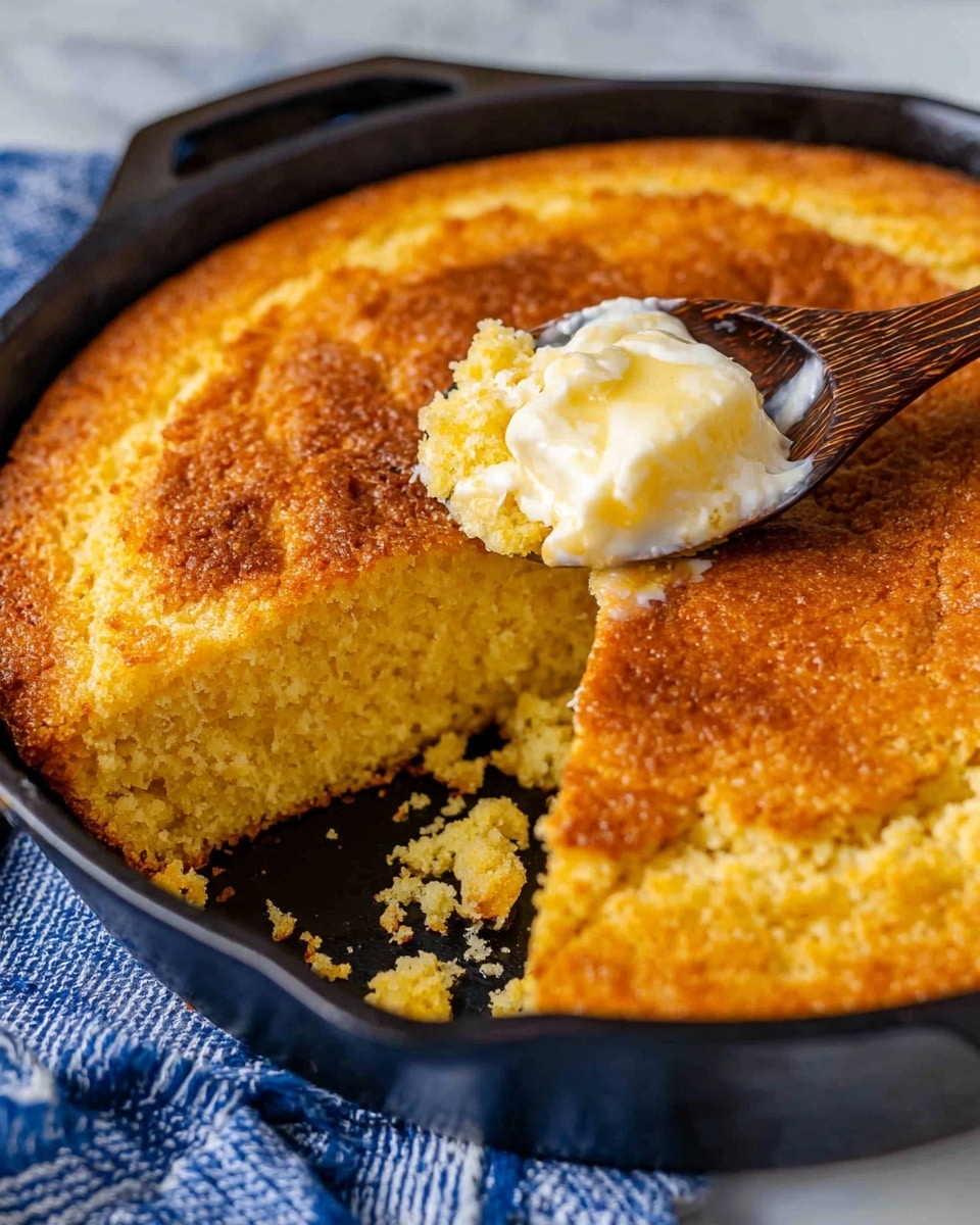 A golden-brown cornbread is baked in a black skillet, showing a rough, crispy top layer with a warm, soft, and moist yellow interior where a slice is removed. A spoon with a dark wooden handle holds a scoop of the cornbread, with melted butter sitting on top, adding a shiny creamy white layer. The skillet rests on a white marbled surface with a blue and white cloth nearby. Photo taken with an iphone --ar 4:5 --v 7