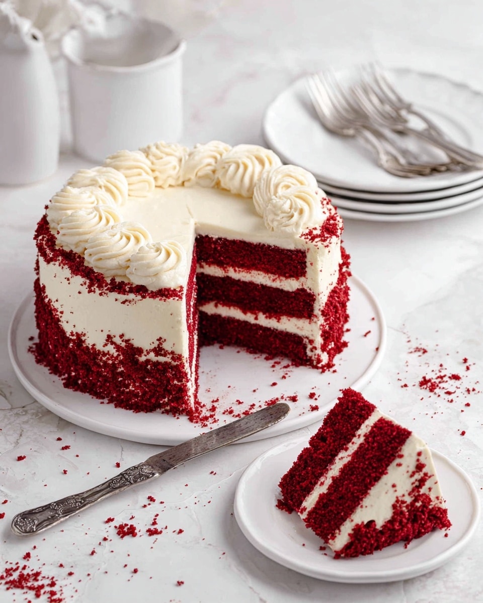 The image shows a slice of red velvet cake with three layers: two thick red cake layers on the top and bottom, and a creamy white frosting layer in the middle. The slice is topped with white frosting swirls and sprinkled with red crumbs. Behind the slice, there is a full cake with the same three-layer pattern, also covered with white frosting and red crumbs on top. The slice is on a white plate placed on a white marbled surface, with a silver fork beside it. Photo taken with an iphone --ar 4:5 --v 7