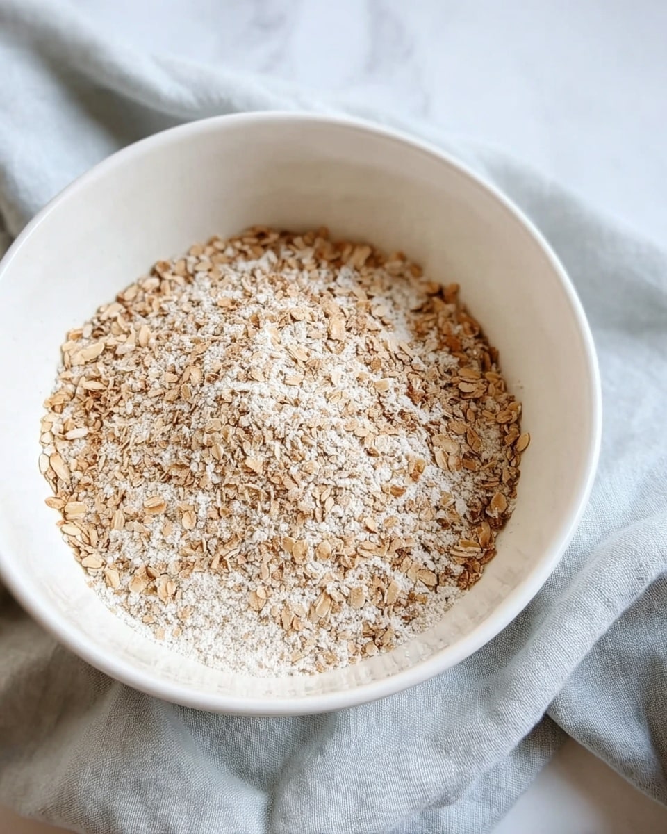 A white bowl filled with a mix of crushed and powdered textures in light brown and beige colors, showing small visible crunchy pieces and fine powder scattered evenly on top. The bowl sits on a soft light gray cloth, set against a white marbled surface. photo taken with an iphone --ar 4:5 --v 7