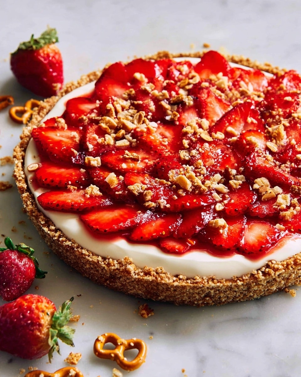 A round tart with three clear layers sits on a white marbled surface: the bottom layer is a rough, golden-brown crust with a crumbly texture and uneven edges, the middle layer is smooth and white cream spread evenly inside the crust, and the top layer is made of bright red, sliced strawberries arranged in overlapping rows covering the cream. Sprinkled over the strawberries are small crunchy pieces of pretzel bites and light brown crumble bits. Whole strawberries and pretzels are scattered near the tart on the white marbled surface. photo taken with an iphone --ar 4:5 --v 7