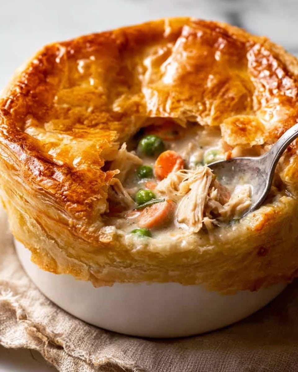 A close-up view of a white bowl filled with creamy chicken pot pie, topped with a golden brown, flaky puff pastry crust. The crust is thick, textured, and shiny, with a large circular section removed, showing the inside. The filling under the crust is creamy and light-colored, with visible pieces of shredded chicken, bright orange carrot chunks, and vivid green peas. A spoon is scooping some of the filling, poking through the crust from the side. The bowl sits on a piece of rough cloth, placed on a white marbled surface. The image feels warm and inviting, with soft natural light highlighting the dish's textures and colors. photo taken with an iphone --ar 4:5 --v 7