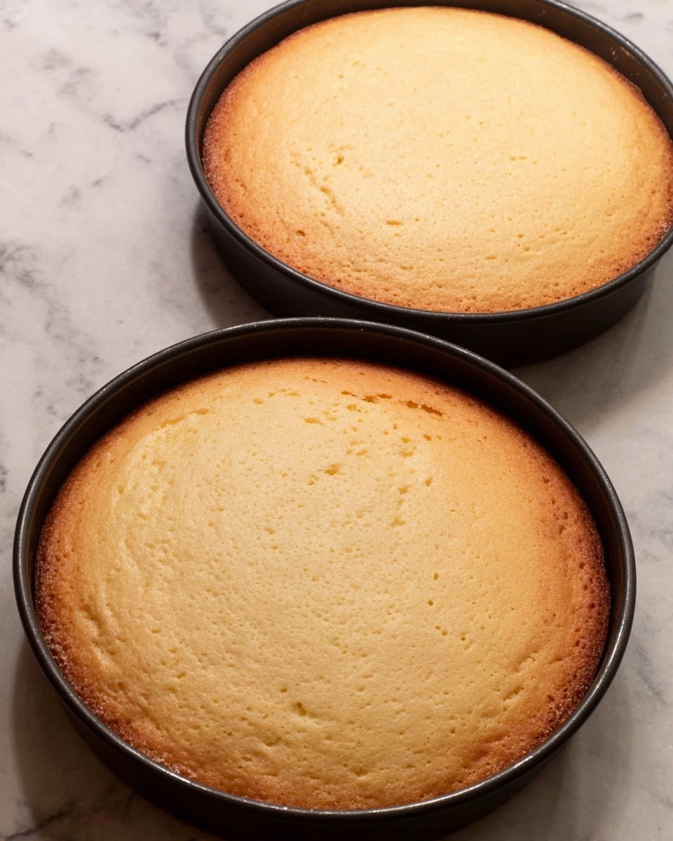Two round cakes sit in black pans on a white marbled surface. Each cake has a light golden brown color with a smooth texture on top. The edges of the cakes are slightly darker and look soft. Both cakes are even and puffy, filling their pans fully with no visible cracks or decorations. Photo taken with an iphone --ar 4:5 --v 7