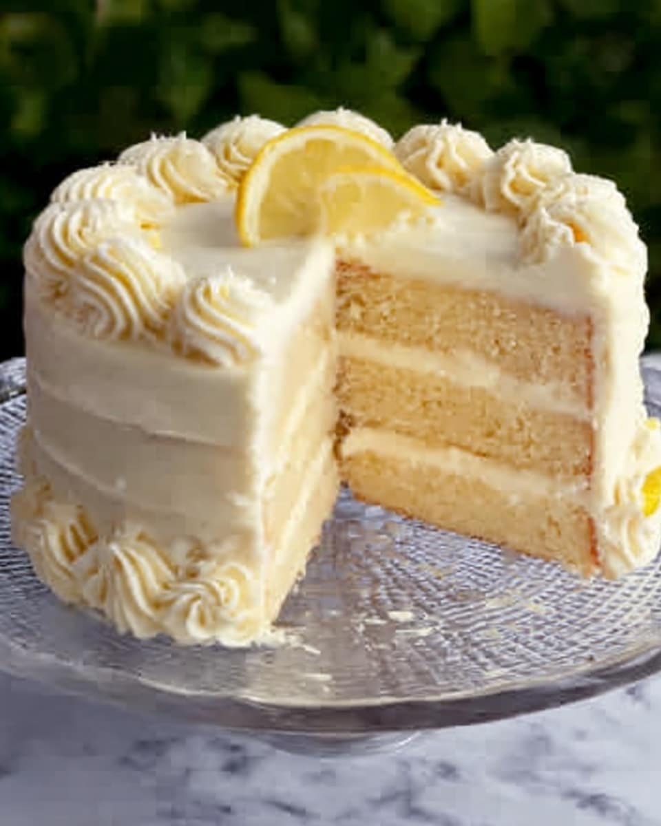 The image shows a round, tall cake on a clear glass plate with a white marbled surface beneath. The cake has three visible layers of light yellow sponge with smooth, creamy white frosting between them. The outside of the cake is fully covered with the same creamy white frosting, decorated with swirled lines on the side and small rosettes around the top edge. A thin lemon slice is placed on top at the center. One large slice has been removed, showing the soft and fluffy inside. Photo taken with an iphone --ar 4:5 --v 7