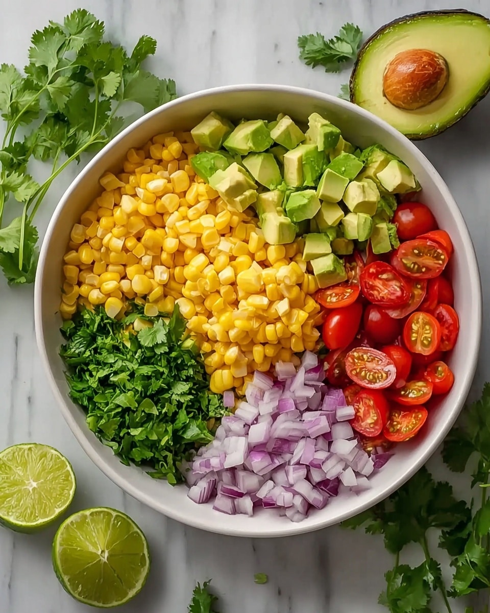 A white bowl sits on a white marbled surface. Inside, there are five layers of fresh ingredients separated neatly: bright yellow corn kernels at the top center, diced green avocado pieces on the top left, halved red cherry tomatoes on the top right, chopped light purple onions on the bottom right, and a bunch of green cilantro leaves on the bottom left. Around the bowl, an avocado half with its seed, a green lime, a half lime slice, and some cilantro sprigs rest on the white marbled surface. Photo taken with an iphone --ar 4:5 --v 7