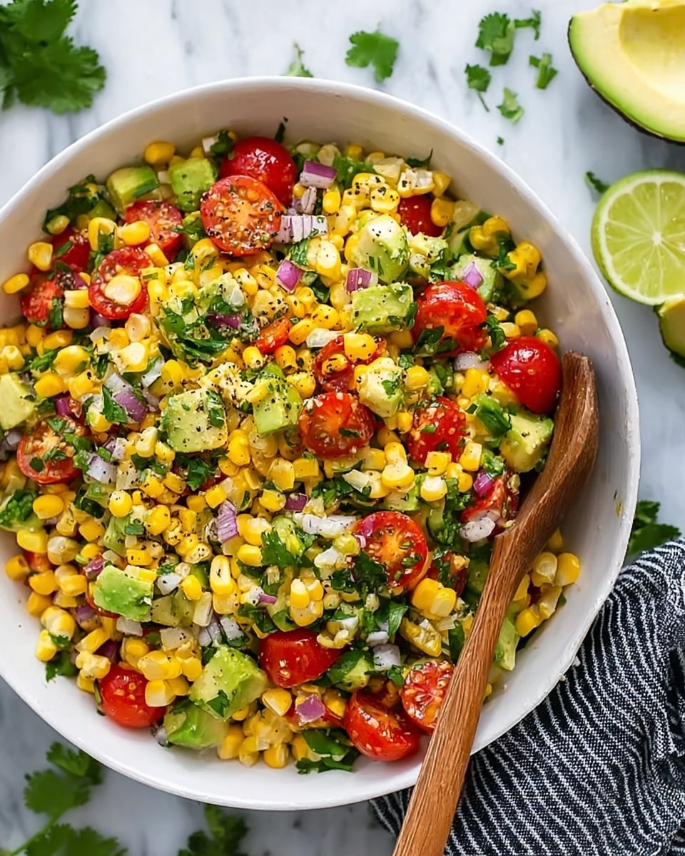 A white bowl filled with a colorful salad made of three main layers: bright yellow corn kernels scattered evenly, halved red cherry tomatoes adding vibrant spots throughout, and small green avocado cubes mixed well. Tiny bits of red onion and chopped fresh green cilantro leaves are spread across the salad, giving texture and extra color. The salad is lightly speckled with black pepper. A wooden spoon rests inside the bowl on the right side. The background is a white marbled surface with some avocado pieces and lime wedges nearby, along with a black and white striped cloth on the right side. photo taken with an iphone --ar 4:5 --v 7