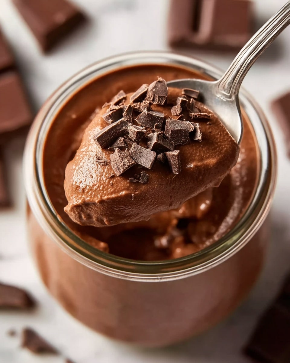 A close-up view of a spoon holding a scoop of smooth, creamy dark brown chocolate mousse topped with small pieces of dark chocolate. The mousse sits inside a clear glass jar filled to the top with the same rich chocolate mousse. In the background, on a white marbled surface, there are a few pieces of chocolate bars blurred out. Photo taken with an iphone --ar 4:5 --v 7