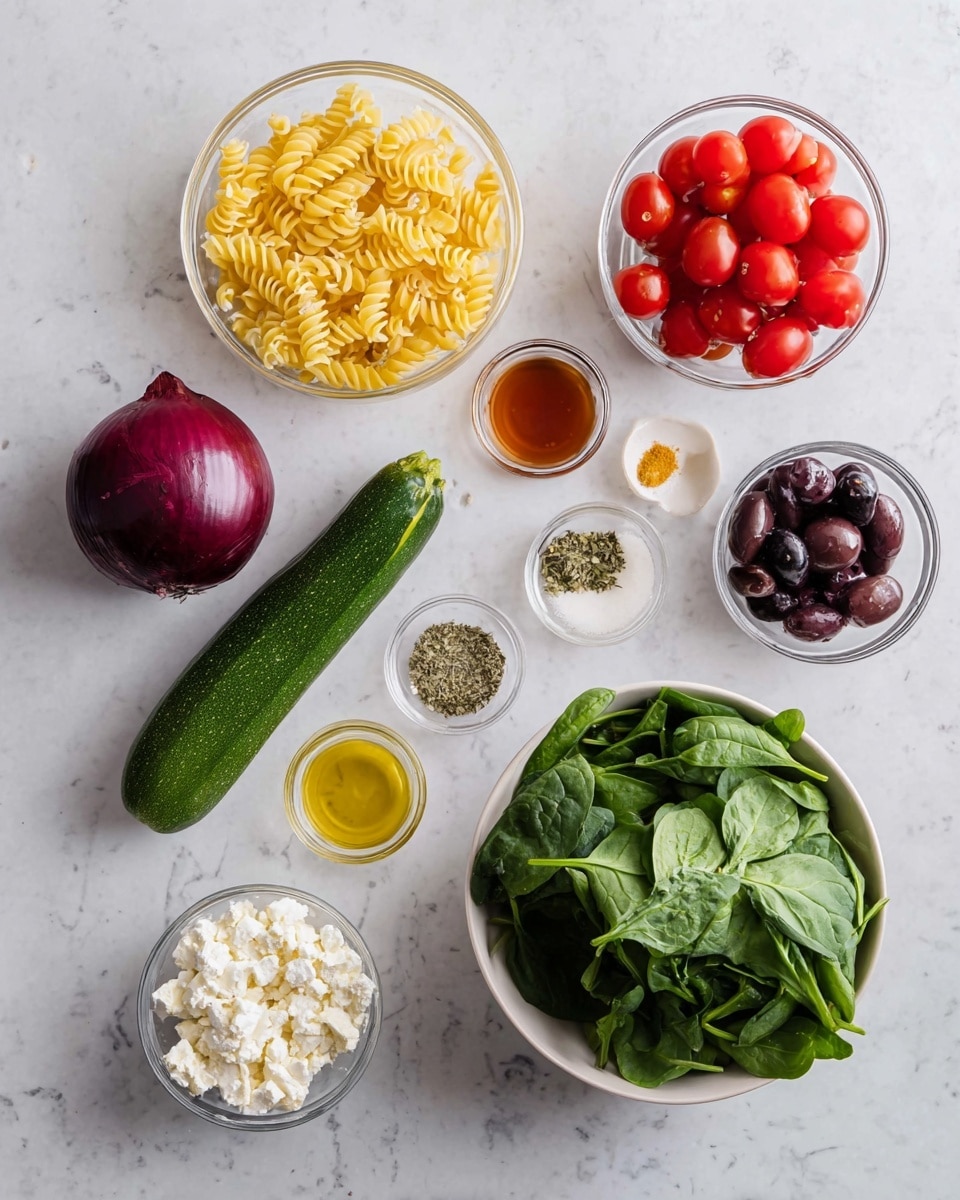 The image shows a variety of fresh ingredients arranged on a white marbled surface. There is a large white bowl filled with bright green spinach leaves on the lower right, next to a smaller white bowl with crumbled white cheese on the lower left. A clear bowl containing spiral-shaped yellow pasta sits in the upper left. Near the center, a deep red onion and a long green cucumber lie side by side. On the top right, a clear bowl of vibrant red cherry tomatoes is placed next to a smaller bowl with dark purple olives. Around these main items, there are tiny clear glass bowls holding spices, pepper, garlic clove, dried herbs, and a small amount of mustard, as well as small containers with light golden olive oil and a reddish-brown vinegar or sauce. The setup looks clean, fresh, and ready for cooking, with the light evenly spread. Photo taken with an iphone --ar 4:5 --v 7