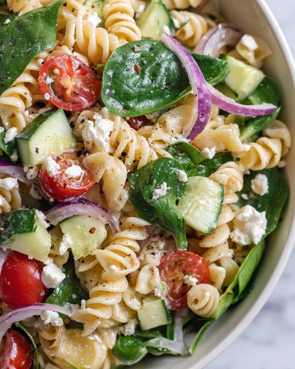 A close-up view of a pasta salad served in a white bowl on a white marbled surface, showing three main layers: a base layer of light beige spiral-shaped pasta, mixed with bright green fresh spinach leaves scattered throughout, and topped with chopped vegetables including red cherry tomato halves, pale green cucumber cubes, and thin slices of purple onion. Small white crumbles of cheese are sprinkled over the dish, along with a dusting of black pepper, creating a fresh and colorful mix with creamy and crisp textures. photo taken with an iphone --ar 4:5 --v 7