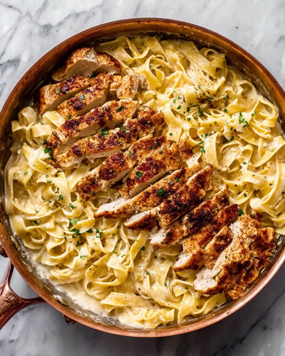 The image shows a copper pan filled with creamy fettuccine pasta and slices of seasoned, grilled chicken layered on top. The fettuccine is light yellow with a smooth, rich sauce coating each strand, filling the bottom layer of the pan. Above the pasta, there are four rows of chicken slices, browned with spices giving them a slightly crispy texture. The chicken is arranged in neat, slightly overlapping pieces, showing a golden-brown exterior and juicy interior. The pan sits on a white marbled surface, and a woman's hand is holding the handle on the left side. Photo taken with an iphone --ar 4:5 --v 7