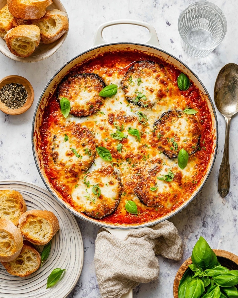 A round white pan filled with seven thick, round slices of golden-brown baked eggplant, each topped with melted, bubbly white and light golden cheese and scattered with bright green basil leaves. The eggplant slices sit on a rich red tomato sauce that edges the pan slightly. Around the pan on a white marbled surface, there is a white bowl holding six pieces of toasted, golden-brown baguette, a small wooden bowl with black pepper, a striped bowl of fresh green basil leaves, a clear glass of water, and a metal spoon. A light beige cloth is under the pan handle. The photo taken with an iphone --ar 4:5 --v 7