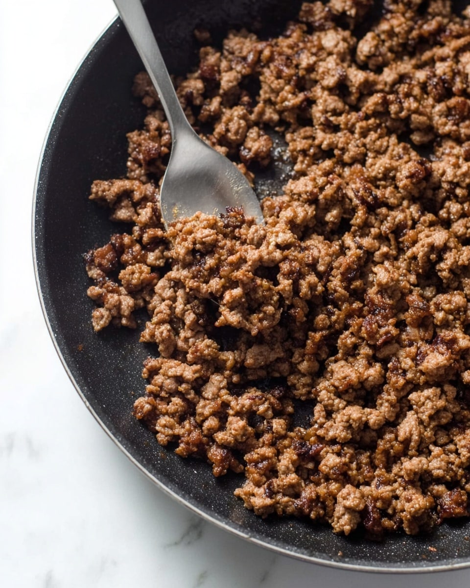 A close-up view of cooked ground meat in a black frying pan. The meat is browned with small, crumbly pieces showing a mix of darker and lighter brown tones, giving it a textured look. A silver spoon is partially inserted into the meat on the left side of the pan, lifting some of it. The pan rests on a white marbled surface. photo taken with an iphone --ar 4:5 --v 7