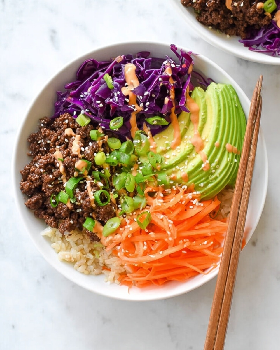 A white bowl shows five separate layers arranged neatly: on the bottom right is a light tan bed of rice with a soft texture; next to it, thin, bright orange carrot strips stand upright; beside the carrots is a smooth fan of sliced green avocado; above the avocado is a pile of shredded deep purple cabbage; on the left, there is a mound of cooked dark brown ground meat. Light orange sauce is drizzled over the meat, cabbage, and carrots, topped with small white sesame seeds and chopped green onions scattered across all layers. A pair of wooden chopsticks rests diagonally on the bowl’s right edge, all placed on a white marbled surface. Photo taken with an iphone --ar 4:5 --v 7