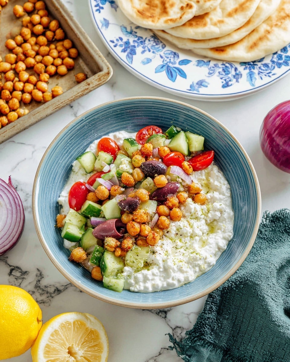 A blue bowl filled with three layers of food sits on a white marbled surface. The bottom layer is white cottage cheese with a soft, lumpy texture. The middle layer is a mix of diced bright green cucumbers, halved red cherry tomatoes, chopped purple onions, and green and black olives, creating a colorful and fresh topping. The top layer is golden crispy roasted chickpeas scattered evenly over the vegetables. To the top left, there is a baking tray with more roasted chickpeas, and to the top right, a white plate with a blue floral pattern holds several pieces of golden flatbread. A dark green cloth napkin, a halved lemon, and a halved red onion sit nearby, adding to the fresh, clean kitchen feel. Photo taken with an iphone --ar 4:5 --v 7