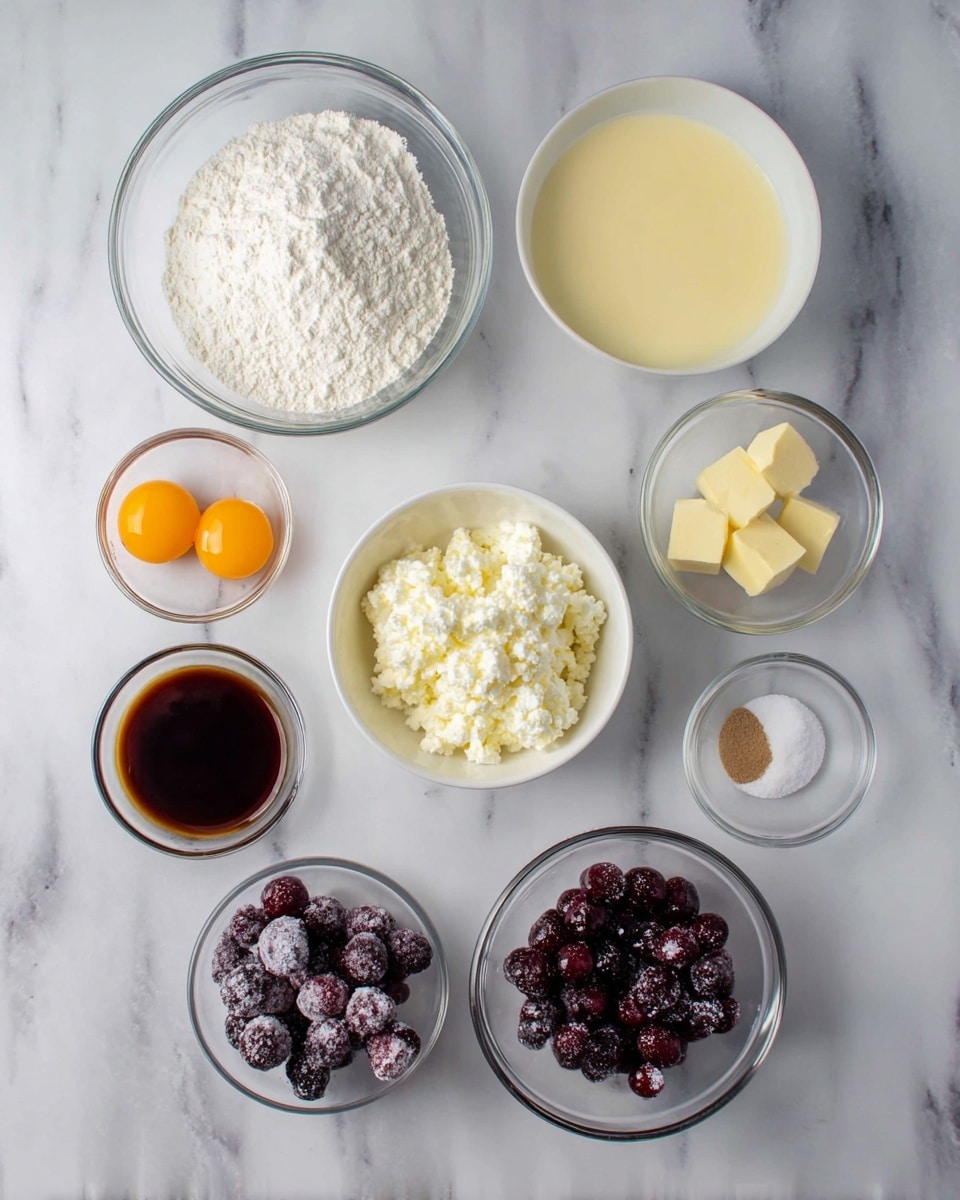 The image shows seven clear glass and white bowls arranged on a white marbled surface. The top left bowl holds white flour with a soft powder texture. To its right, a small bowl contains smooth, light yellow milk. Next to it, a bowl holds two raw eggs with bright orange yolks and clear whites. At the center sits a white bowl filled with white, lumpy cottage cheese. Below this, another white bowl contains dark purple and red frozen berries with a frosty texture. To the right of the berries, a small clear bowl holds a mix of light brown sugar and white baking powder. Above this, a bowl contains two small pieces of pale yellow butter. To the bottom left, a small glass bowl with dark brown vanilla extract is placed. All bowls have clear edges, showing the different colors and textures inside. photo taken with an iphone --ar 4:5 --v 7