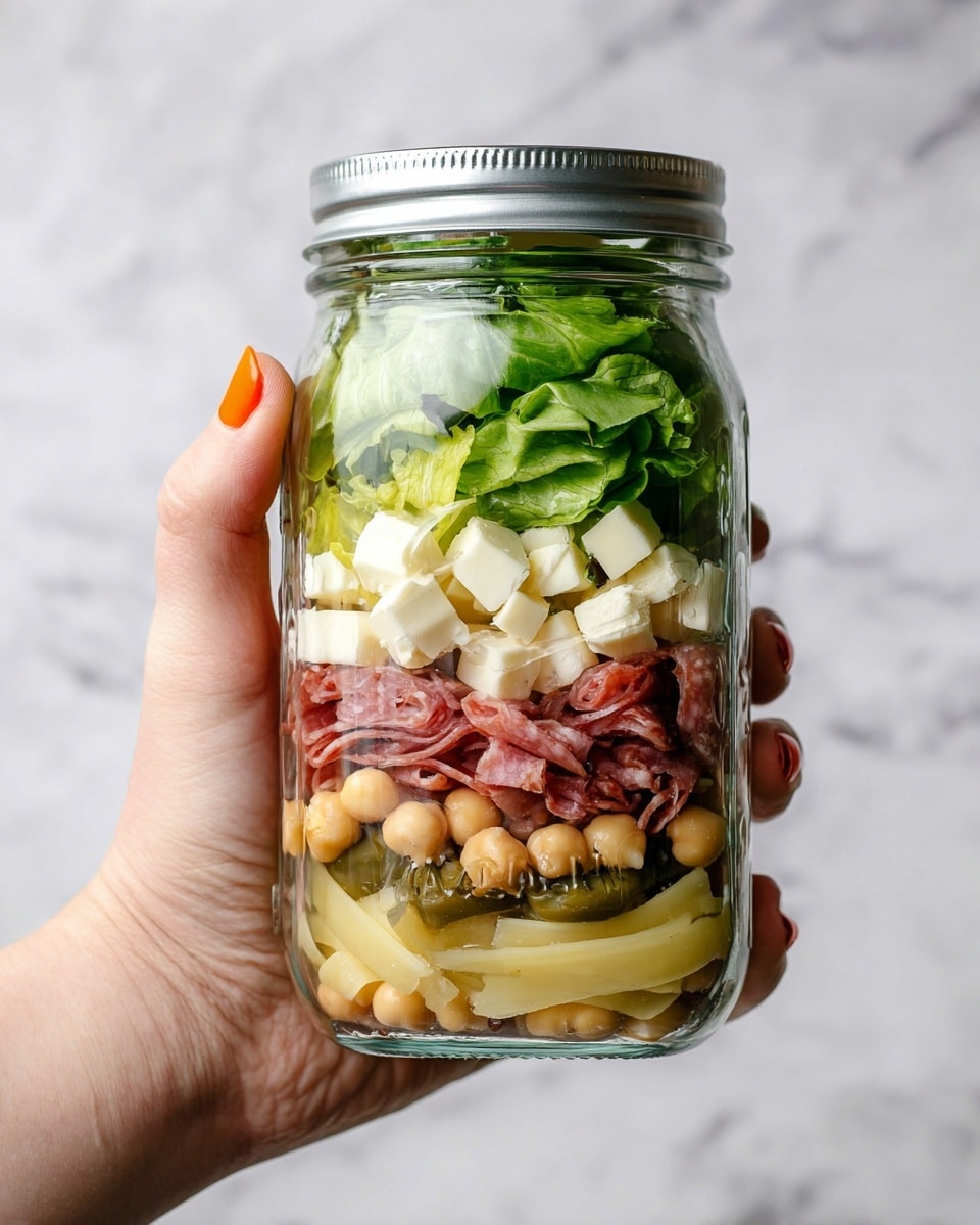 A white bowl sits on a white marbled surface, filled with a layered salad. The bottom layer is green leafy lettuce, roughly torn. On top of that, there is a layer of light beige chickpeas mixed with small slices of red salami and white cheese cubes. The top layer consists of many yellow-green sliced pickled peppers and whole green olives, some stuffed with red pimentos. The colors and textures mix fresh greens, creamy legumes, and glossy pickled toppings, creating a colorful and varied visual. photo taken with an iphone --ar 4:5 --v 7