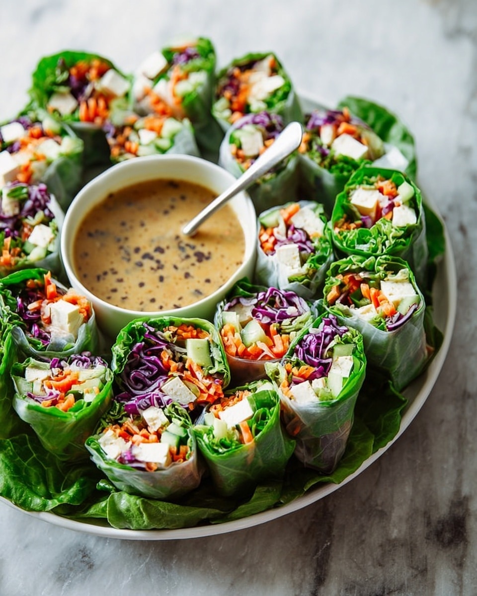 A white round dish sits on a white marbled surface, filled with fresh spring rolls arranged in a circular pattern around a bowl of light brown dipping sauce with dark specks and a spoon inside. Each spring roll shows layers of vibrant green leafy lettuce on the outside, with visible fillings of white tofu pieces, bright orange shredded carrots, deep purple cabbage, small red tomato chunks, and green cucumber inside translucent rice paper wraps. The rolls look fresh and tightly packed, giving a mix of crisp and smooth textures. photo taken with an iphone --ar 4:5 --v 7