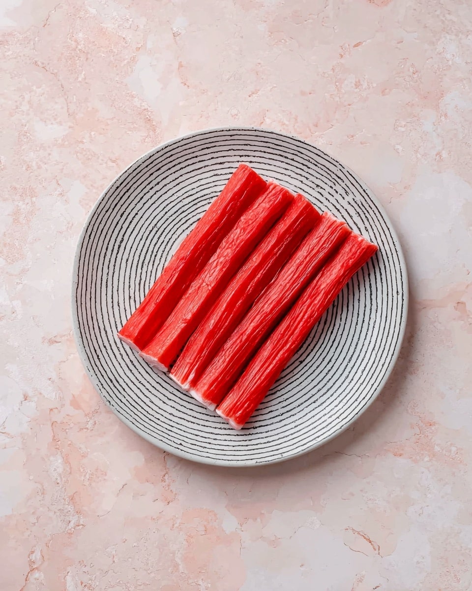 Five bright red sticks with thin ridges run lengthwise, showing white ends, placed side by side in the center of a round white plate with black spiraled lines. The plate sits on a white marbled textured surface with soft pink hues. The sticks have a smooth and slightly shiny texture. photo taken with an iphone --ar 4:5 --v 7