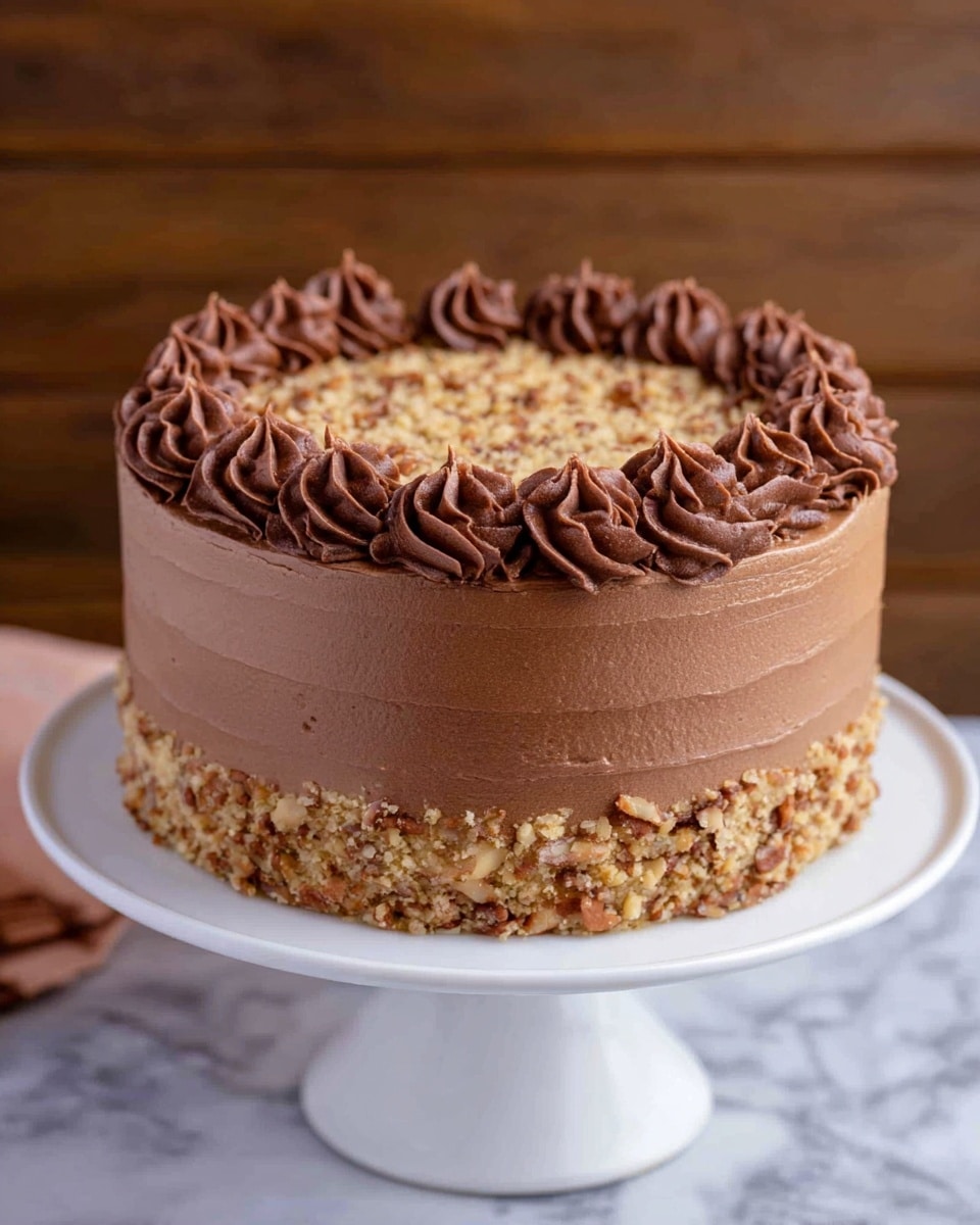 A round cake with three visible layers covered smoothly with medium brown chocolate frosting, showing gentle swirled texture on the sides. The top layer has a thick, crumbly light tan topping with pieces of nuts scattered throughout. Around the top edge is a border of piped chocolate rosettes, evenly spaced and rich in color. The cake sits on a white cake stand, placed on a white marbled surface, with a blurred wooden background. photo taken with an iphone --ar 4:5 --v 7
