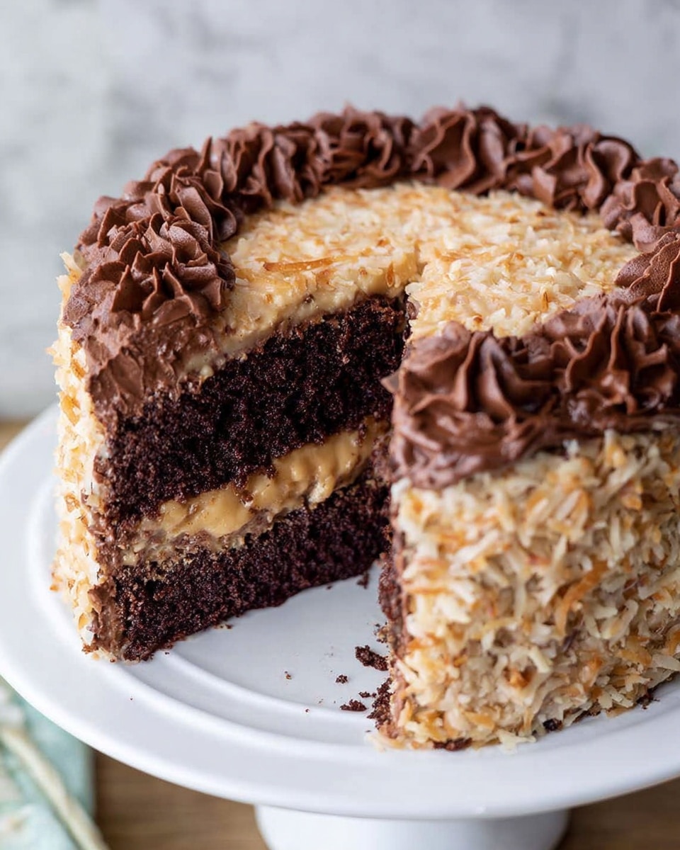 A slice of layered cake with two thick dark brown cake layers separated by a creamy light brown filling mixed with small nut pieces. The outside is covered with the same creamy filling and nuts, with a smooth chocolate frosting piped along the edge on the right side. The slice is placed on a white plate with a silver fork partially visible behind it, all set on a white marbled surface. Photo taken with an iphone --ar 4:5 --v 7