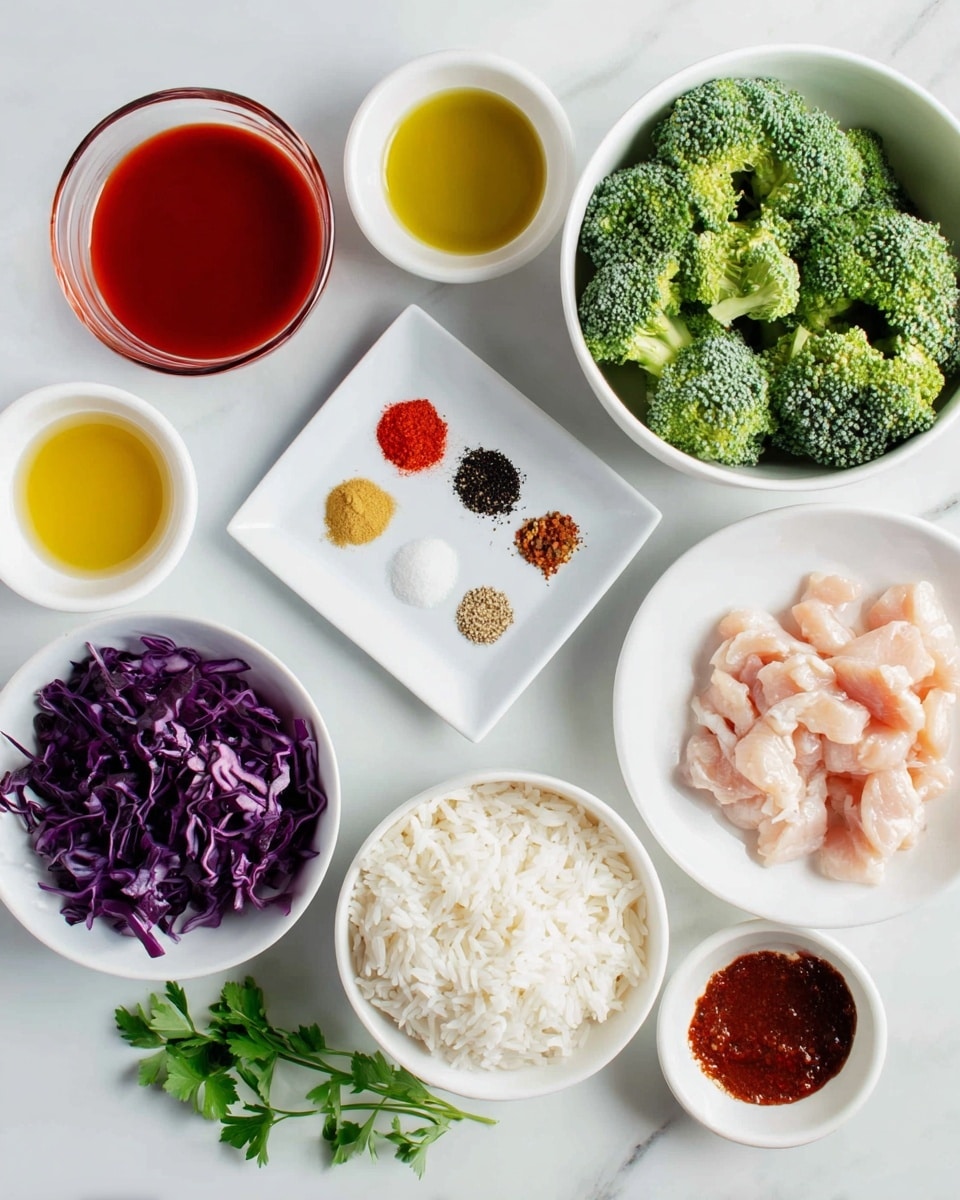 The image shows several small white bowls and a plate arranged on a white marbled surface. The top right bowl contains bright green broccoli florets. Below it to the right, a white plate holds small pieces of raw light pink chicken. To the left of the plate, a white bowl is filled with thinly sliced dark purple cabbage. Below this bowl, there is a small white bowl with reddish-brown sauce. To the left, a glass bowl contains a bright red sauce. Above the sauce bowls, a square white plate displays five different spices in small separate piles with colors including white, red, yellow, and black. To the left of the spices, a small white bowl holds olive oil, and lastly, below this bowl, a round bowl contains cooked white rice. A few green parsley leaves are scattered around the bowls, adding a fresh touch. Photo taken with an iphone --ar 4:5 --v 7