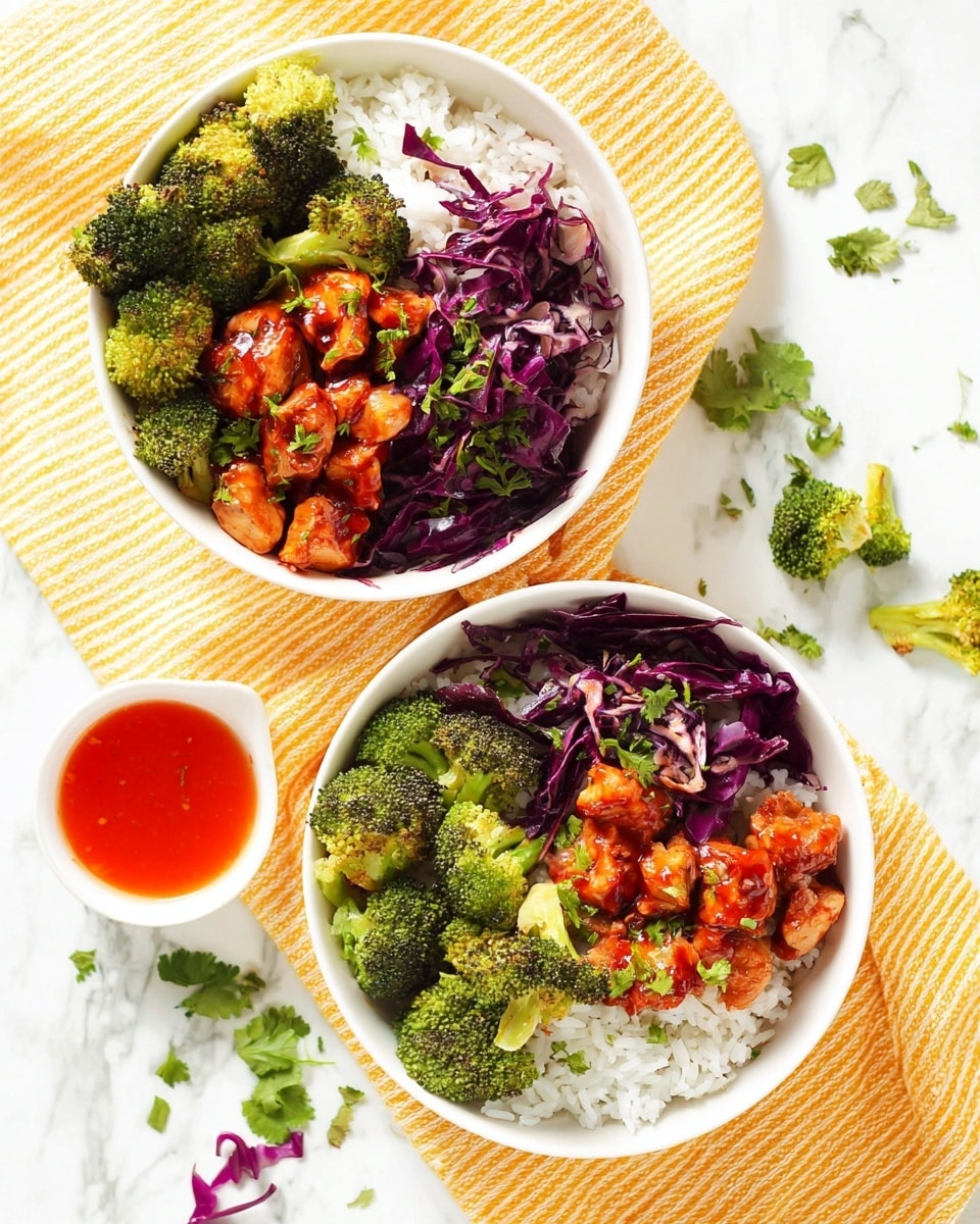 Two white bowls sit on a white marbled surface with a yellow striped cloth. Each bowl has a base layer of white rice, topped with three layers: bright green broccoli florets on one side, reddish-orange cooked chicken pieces with a glazed look in the middle, and thin strips of dark purple cabbage on the other side. Small green herb pieces are sprinkled on top of the chicken. A small white bowl filled with bright red sauce is placed on the cloth near the top bowl. Scattered herb leaves and some pieces of purple cabbage add a fresh touch around the bowls. Photo taken with an iphone --ar 4:5 --v 7