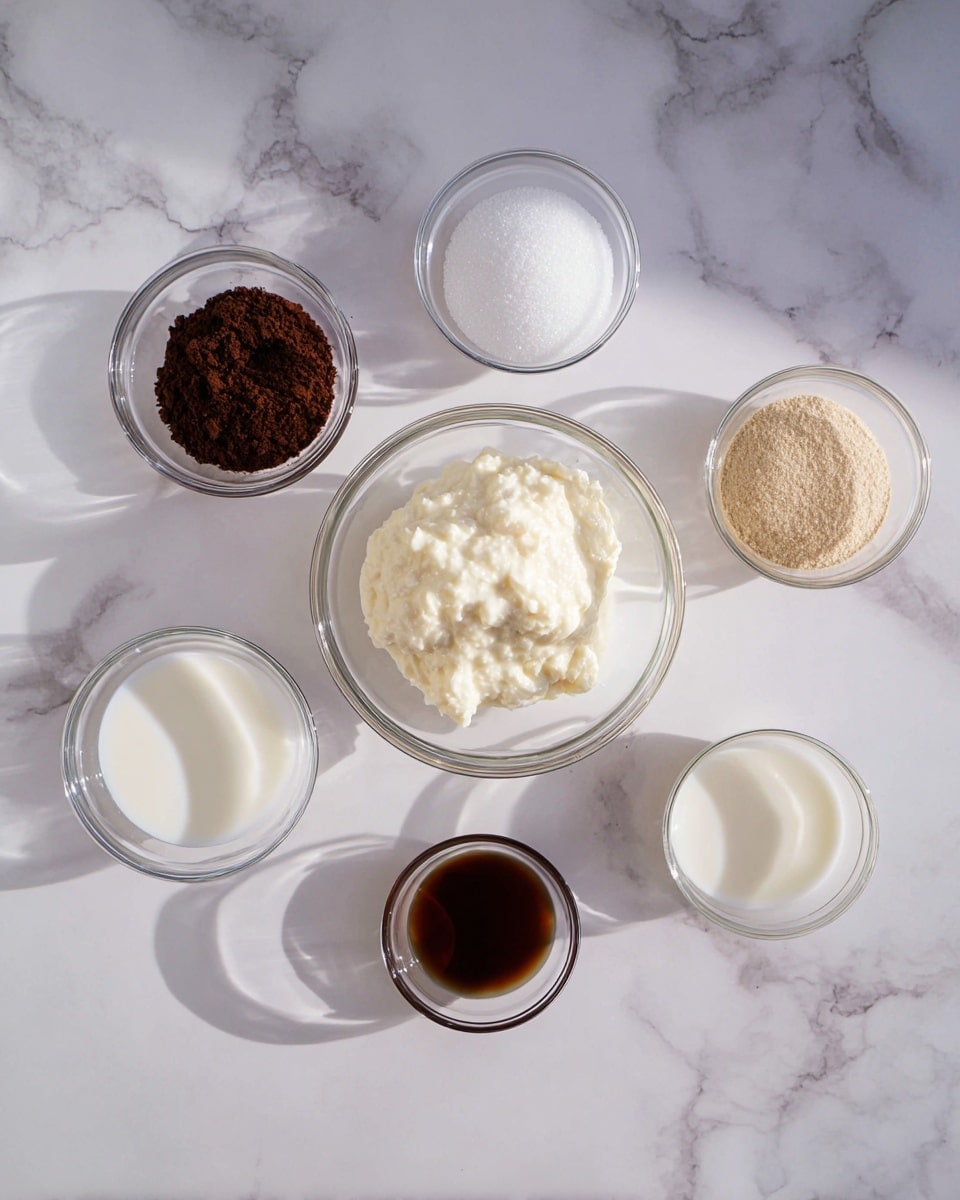 The image shows six small clear glass bowls placed on a white marbled surface. The center bowl has a white, slightly lumpy creamy mixture. Surrounding it are five bowls: one with dark brown powder, one with white granulated sugar, one with a light beige powder, one filled with a smooth white liquid, and one with a small amount of dark brown liquid. All bowls are spaced evenly and the lighting is soft and natural. photo taken with an iphone --ar 4:5 --v 7