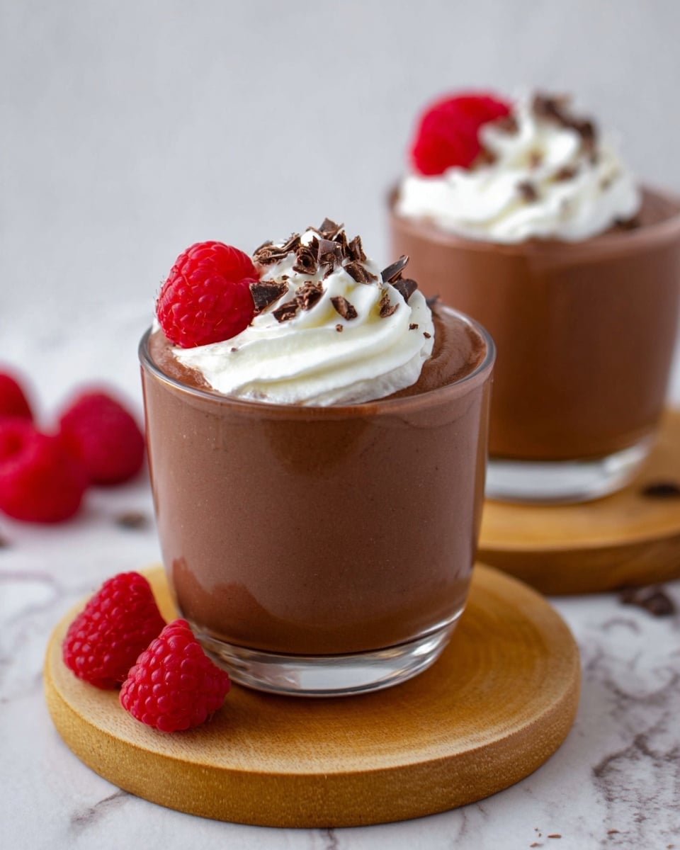The image shows two glasses of creamy chocolate mousse placed on round wooden coasters, set on a white marbled surface. Each glass contains one smooth, thick layer of dark brown chocolate mousse, topped with a swirl of white whipped cream. On top of the whipped cream, there are a few bright red raspberries and small chocolate shavings scattered around. One glass is in sharp focus in the front, while the other is slightly blurred in the background. There are additional raspberries resting on the surface near the front glass. photo taken with an iphone --ar 4:5 --v 7