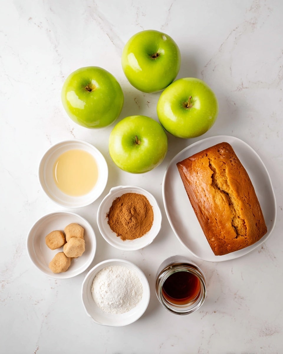 The image shows several ingredients arranged neatly on a white marbled surface. In the center-right, there is a white plate holding a golden-brown loaf cake with a slightly cracked top. Around it are three bright green apples with shiny skins. There are also small white bowls containing different ingredients: one with a clear pale yellow liquid, another with two brown powders, one with a white powdery substance, and one with three round light-brown pieces that look like cookies or dough balls. A small jar filled with a dark brown liquid is also placed near the apples. photo taken with an iphone --ar 4:5 --v 7