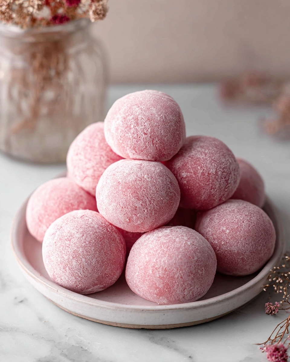 A white ceramic plate is filled with nine round, pink mochi balls that have a powdery, soft texture covering their smooth, slightly dimpled surfaces. The plate sits on a white marbled surface, and behind it, there is a blurred glass jar with small dried flowers, adding a soft touch to the scene. The mochi are arranged closely, forming a small mound in the center of the plate. photo taken with an iphone --ar 4:5 --v 7