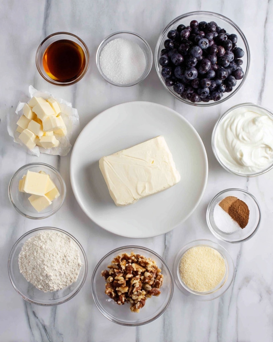 An overhead view of ingredients placed on a white marbled surface, including a solid block of cream cheese resting in the center on a white plate, a bowl of plain white yogurt to the upper right, a bowl filled with dark purple blueberries on the upper left, and a small bowl of white granulated sugar above the cream cheese. Surrounding these are a small glass bowl with dark amber vanilla extract to the left, a small clear bowl with cubed pale yellow butter below it, a bowl with finely ground almond flour to the bottom left, a small bowl with white sugar and a pinch of brown cinnamon spice below the cream cheese plate, a bowl of chopped light and dark brown nuts to the bottom right, and another bowl with a pale yellow powder to the upper right of the nuts. All bowls and plates are clear or white, arranged neatly on a white marbled surface. photo taken with an iphone --ar 4:5 --v 7
