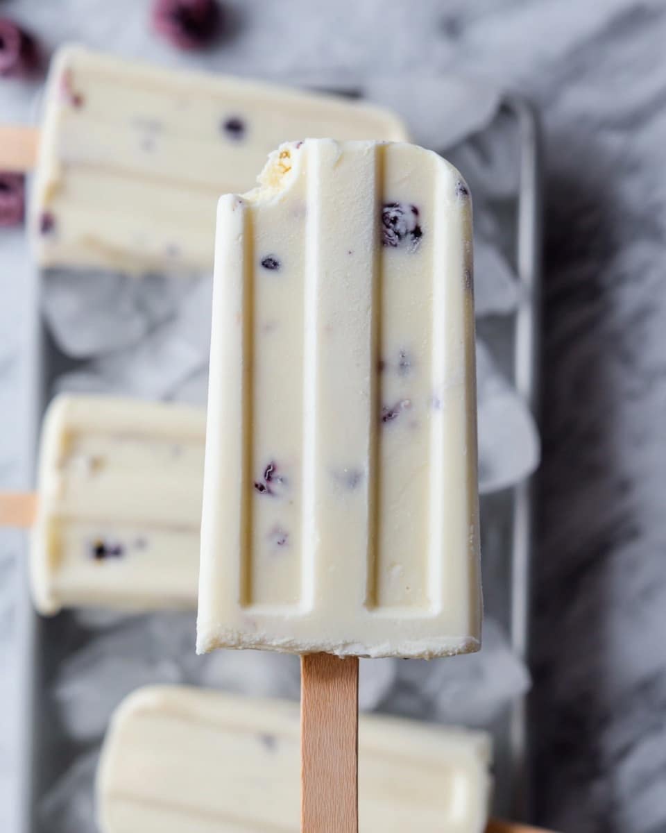 The image shows six creamy white popsicles with small pieces of dark and light bits scattered inside, giving a speckled look. The popsicles have smooth surfaces with slight ridges and some have one bite taken off, revealing a soft inside with the same specks. Each popsicle has a wooden stick at the bottom for holding. They lay on a bed of large clear ice cubes inside a dark tray, creating a cool and fresh setting. The whole scene sits on a white marbled texture surface. photo taken with an iphone --ar 4:5 --v 7