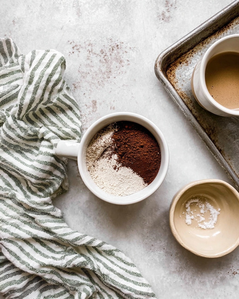 A white cup in the center holds three layers of dry ingredients: dark brown cocoa powder on the right, beige flour on the left, and a white powder underneath. To the right, there is a small empty beige bowl with some white residue inside. At the top right corner, a white cup with a light brown liquid is placed on a metal tray with a rustic, worn texture. On the left side, a green and white striped cloth lies crumpled on a white marbled surface with subtle grey veins and small stains. The image shows a top view with soft natural light. Photo taken with an iphone --ar 4:5 --v 7