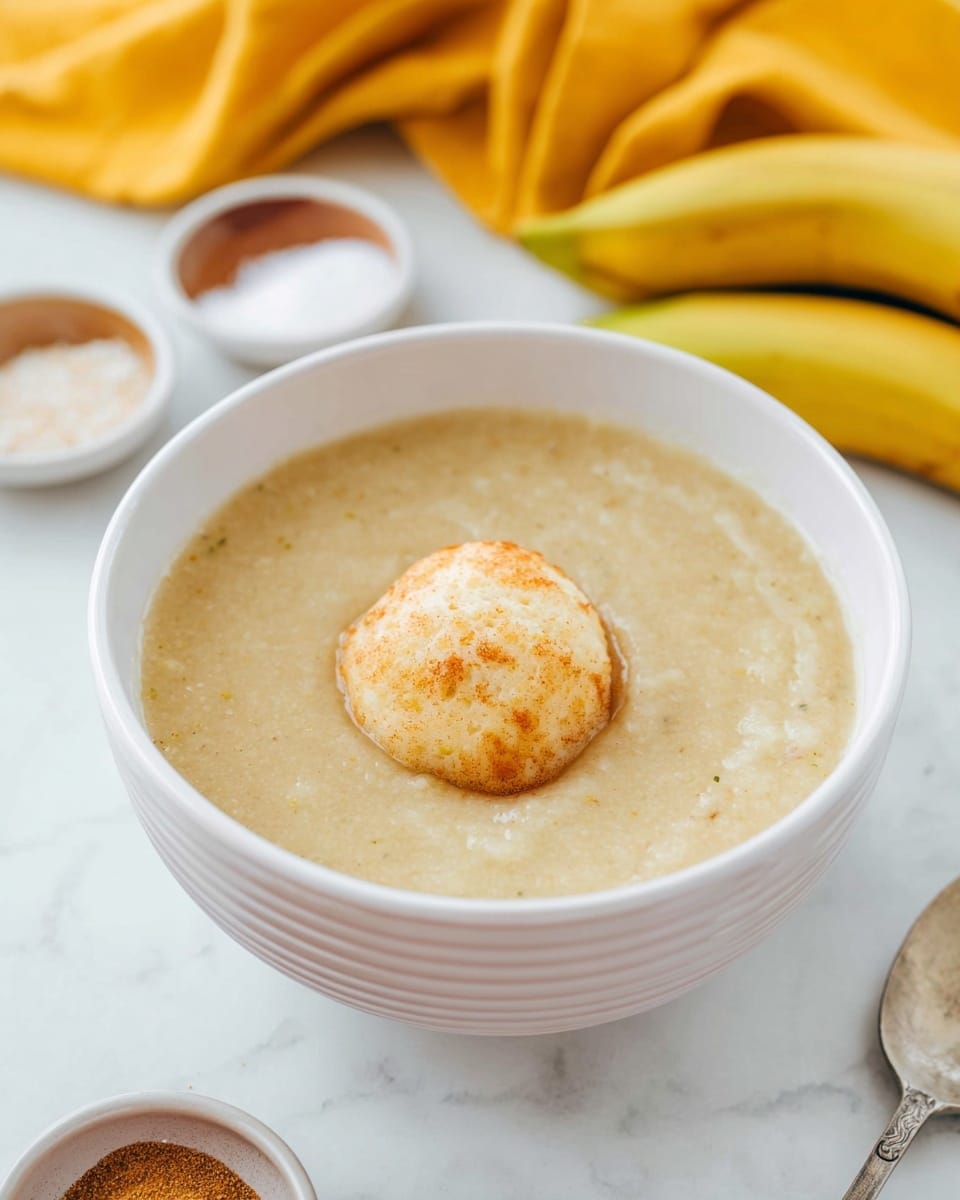 A white bowl with a ridged pattern contains a light beige, smooth, thick soup-like base. In the center sits a single round biscuit ball that is light golden brown on top with a soft, slightly textured surface. The bowl is placed on a white marbled surface with a blurred yellow cloth and bananas in the background. Small containers with spices and salt are placed around the bowl. photo taken with an iphone --ar 4:5 --v 7