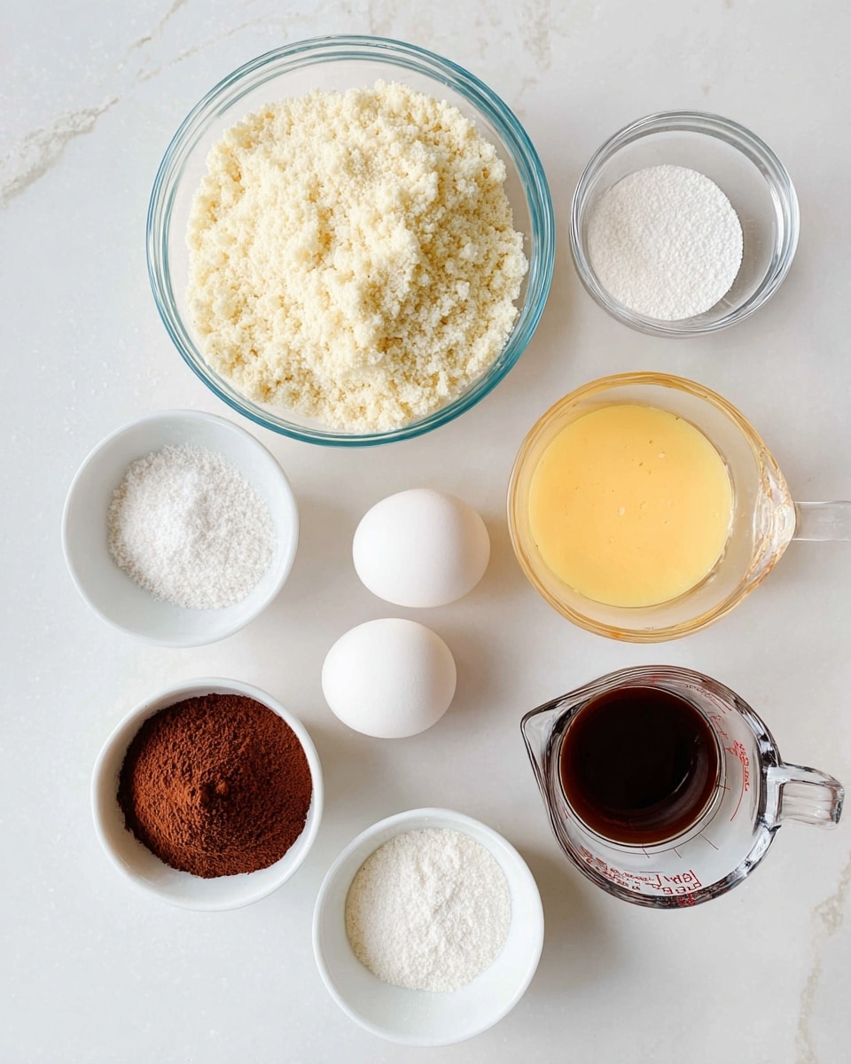 The image shows a top view of baking ingredients arranged neatly on a white marbled surface. There is a large clear glass bowl filled with a light crumbly mixture placed near the top left. To its right, there are two smaller clear glass bowls: one containing a white powder and the other a dark brown liquid. Below these, there is a clear glass measuring cup filled with melted yellow butter. Two whole white eggs lie side by side near the center of the image. At the bottom left, a small white bowl holds reddish-brown cocoa powder, and next to it, another small white bowl contains a white powdery substance. Part of a salt container is visible on the left edge of the frame. The arrangement is clean and minimal, with soft natural lighting. Photo taken with an iphone --ar 4:5 --v 7