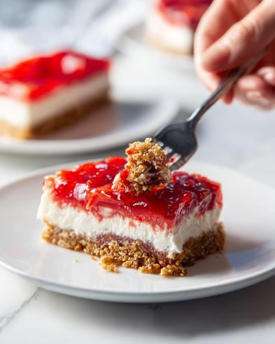 A white plate on a white marbled surface holds a slice of dessert with three distinct layers. The bottom layer is a crumbly, golden-brown crust that looks crunchy. Above it is a thick creamy white layer that appears smooth and soft. The top layer is shiny and bright red, resembling a jelly or fruit glaze, with visible fruit pieces inside. A woman's hand holds a fork lifting a piece of the dessert, showing all three layers clearly on the fork. Another white plate with a similar slice is blurred in the background. Photo taken with an iphone --ar 4:5 --v 7