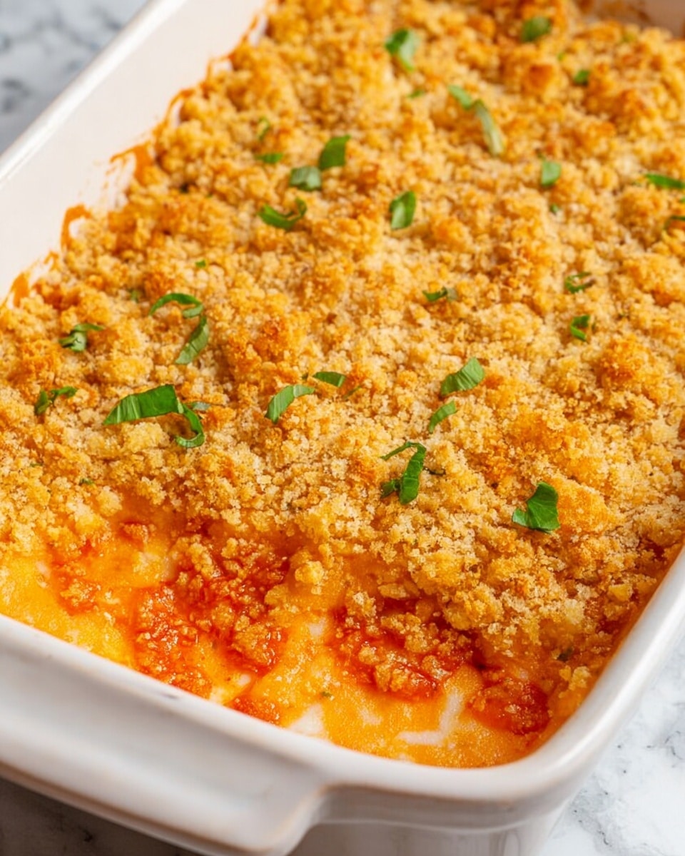 A white rectangular baking dish filled with a three-layer casserole. The bottom layer is soft and creamy, likely mashed or pureed, with a light orange color. The middle layer has a thick, slightly chunky orange-red sauce with small bits visible inside. The top layer is a golden-brown crunchy crumb topping that looks crispy and uneven, scattered with small green herb pieces for a fresh touch. The dish sits on a white marbled surface. photo taken with an iphone --ar 4:5 --v 7