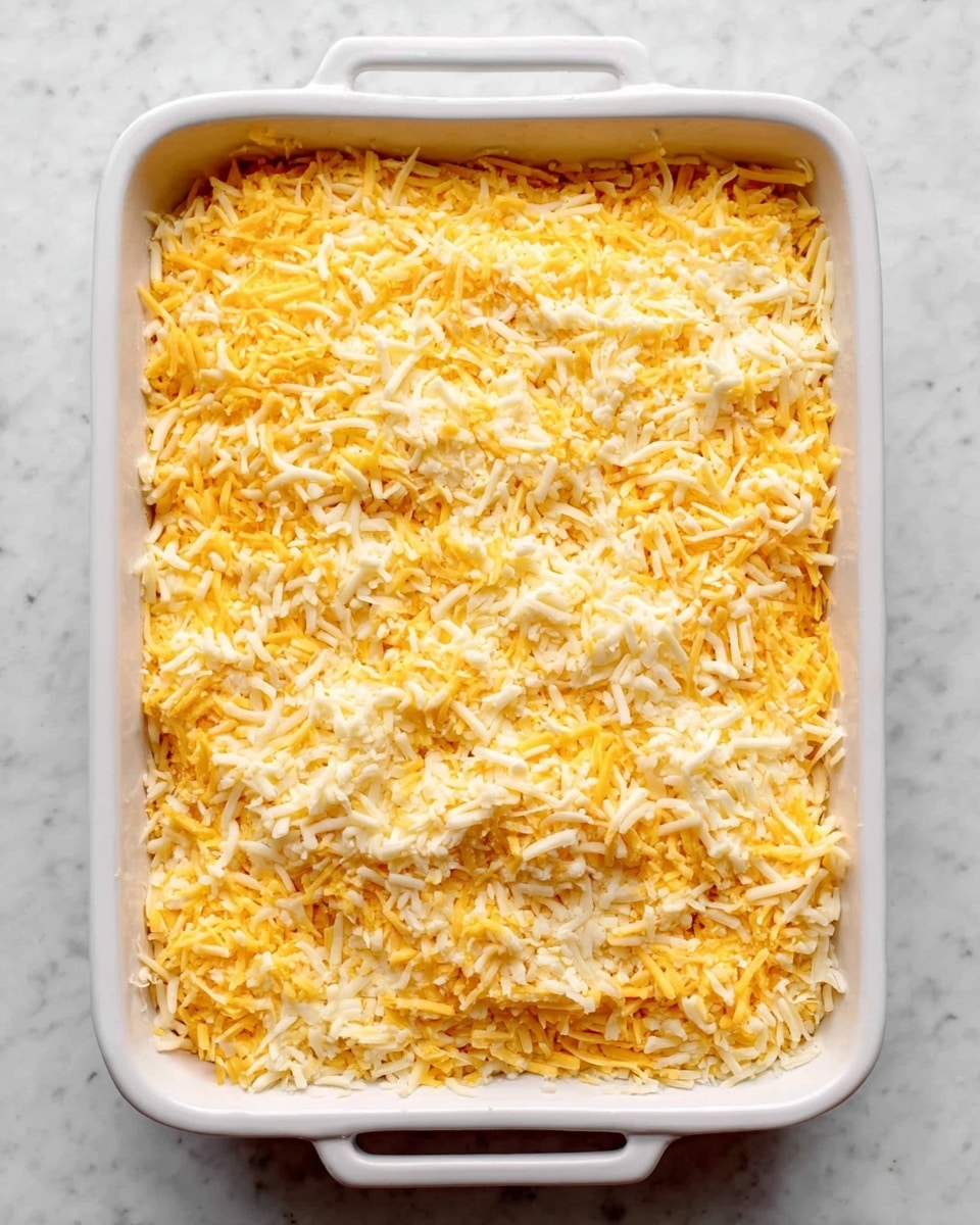 A rectangular white baking dish filled with a thick layer of shredded cheese on top, showing a mix of yellow and white colors with a slightly uneven texture, covering the whole surface. The baking dish is placed on a white marbled surface, and the edges of the dish are clean and simple, with small handles on each side. The cheese layer is spread evenly but with some small gaps and clumps, suggesting it will melt well when baked. photo taken with an iphone --ar 4:5 --v 7