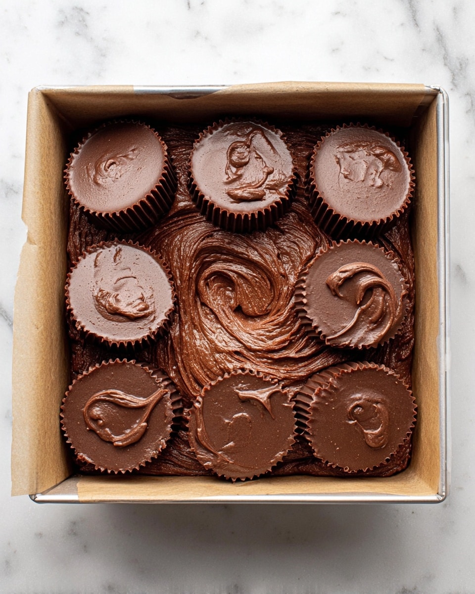 Inside a square baking pan lined with parchment paper, a thick layer of dark brown chocolate batter fills the pan evenly. Seven large chocolate cups are partially pushed into the batter, forming a ring close to the edges and one in the center, with the batter spread roughly over the center cup in swirls and thick ridges, showing a rich, dense texture. The pan rests on a white marbled surface. Photo taken with an iphone --ar 4:5 --v 7