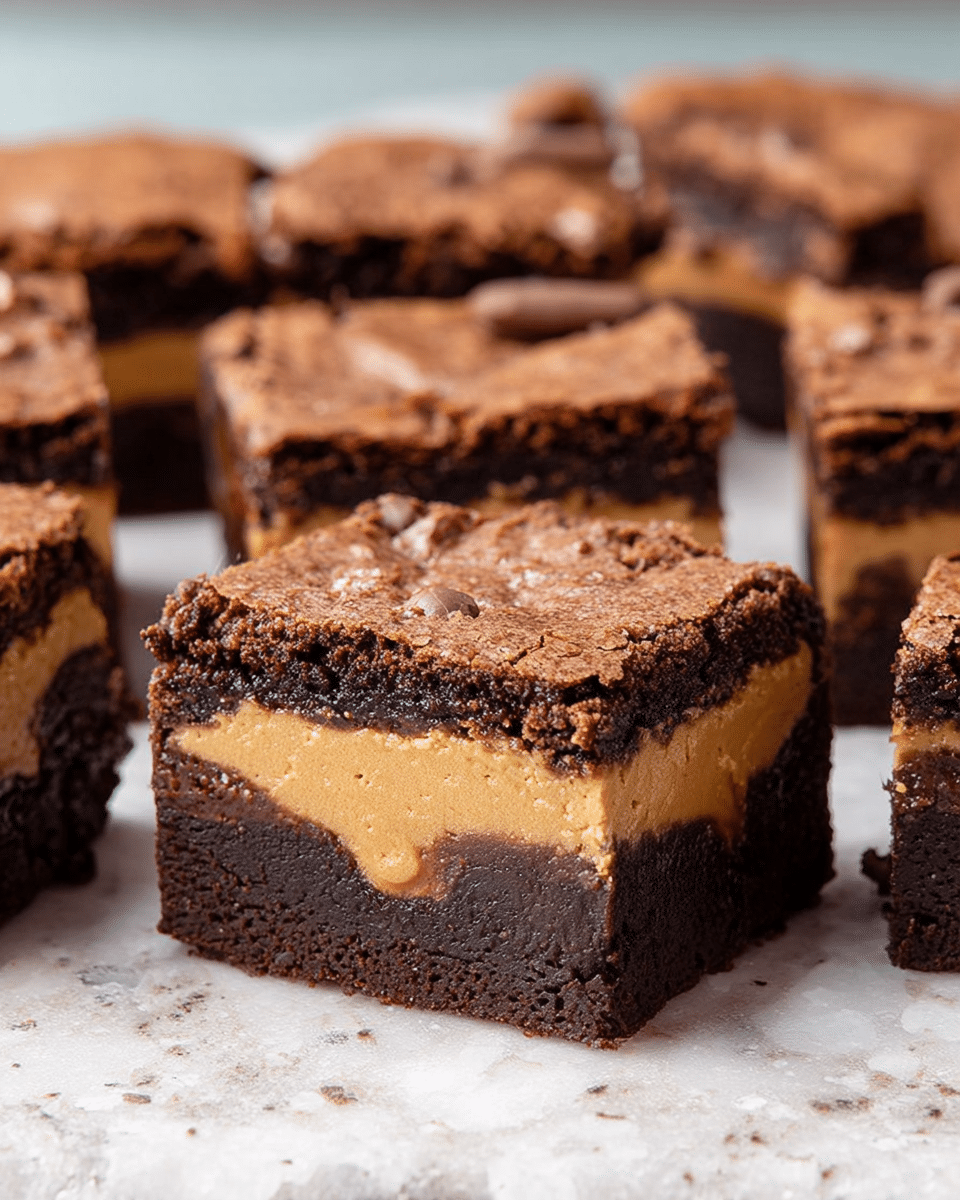 The image shows a close-up of a stack of brownies with two layers. The top and bottom layers are thick, dark brown with a cracked, crumbly texture. Between them is a smooth, light brown peanut butter layer running through the middle of the brownies. The brownies are placed on a white marbled surface, and the photo is focused on one brownie with a bite taken out, showing the layered inside clearly. Other brownies are stacked around it, but the main focus is on the front piece. Photo taken with an iphone --ar 4:5 --v 7