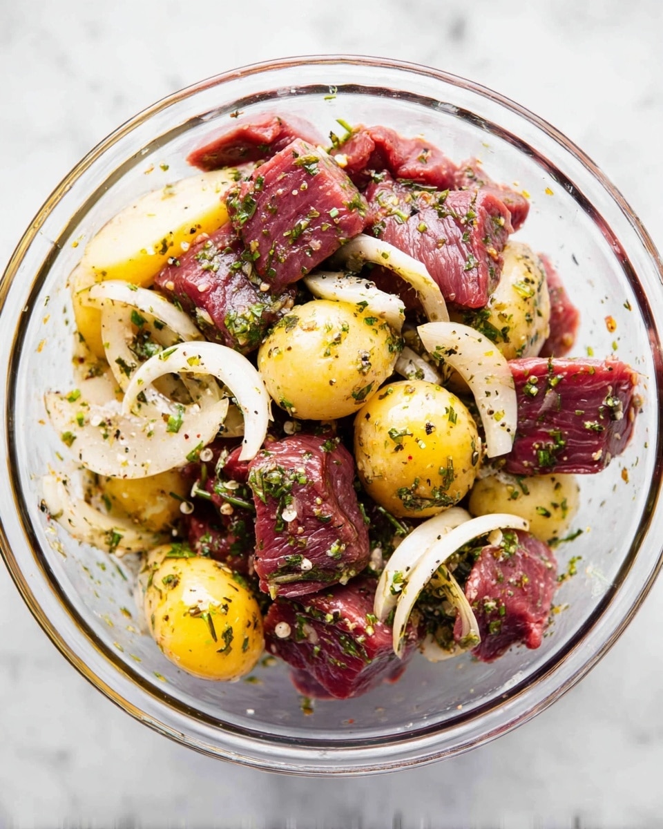 A clear glass bowl holds a mix of raw meat pieces with a deep red color, small round yellow potatoes that are halved, and thin white onion slices, all coated in a light herb and oil dressing with visible green and black seasoning flakes scattered throughout. The ingredients are layered evenly and appear fresh and moist, sitting on a white marbled surface. photo taken with an iphone --ar 4:5 --v 7