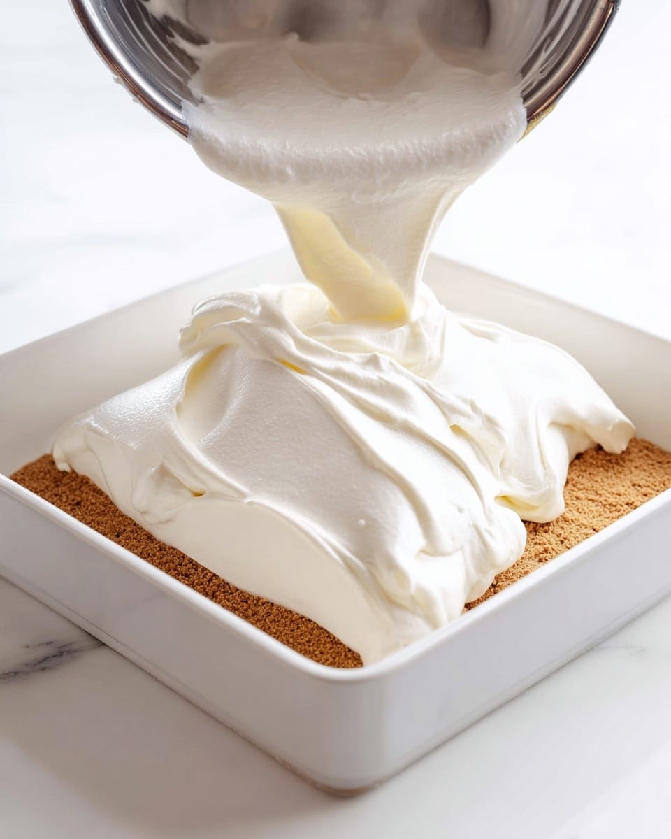 A white square dish holds a base layer of brown crumb crust that looks smooth and firm. On top, a thick, fluffy white cream layer is being poured in from a shiny silver bowl tilted just above the dish. The cream flows in soft folds and swirls, covering the crust unevenly as it spreads out. The scene is set on a white marbled surface that brightens the whole image. photo taken with an iphone --ar 4:5 --v 7