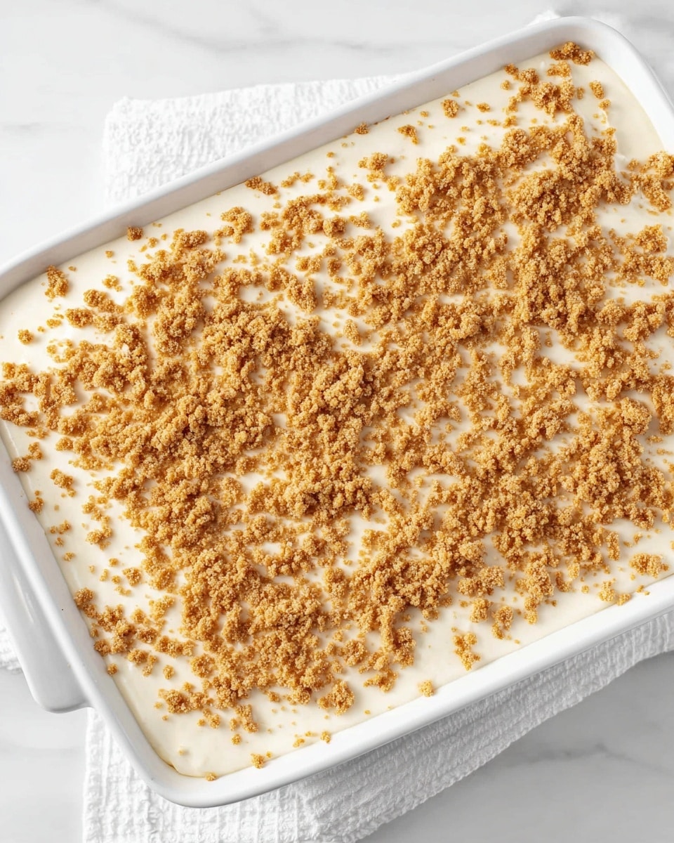 A white rectangular dish filled with a smooth, creamy white layer topped with an even layer of small, crumbled light brown crumbs scattered across the entire surface, creating a textured contrast against the creamy top. The dish is placed on a white marbled surface with a white cloth partially visible under the handle on one side. The crumb topping adds a rough, grainy texture while the cream layer underneath looks soft and thick, covering the whole dish evenly. photo taken with an iphone --ar 4:5 --v 7