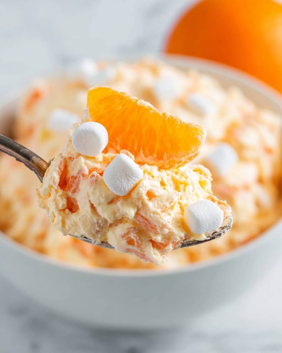 A clear glass bowl filled with three visible layers: the bottom layer is white and creamy with a soft texture, the middle layer has bright orange mandarin slices evenly spread, and the top layer is sprinkled with small white marshmallows. The bowl sits on a white marbled surface. In the background, two whole orange mandarins and a few small white marshmallows are scattered. A gray cloth is folded next to the bowl. Photo taken with an iphone --ar 4:5 --v 7