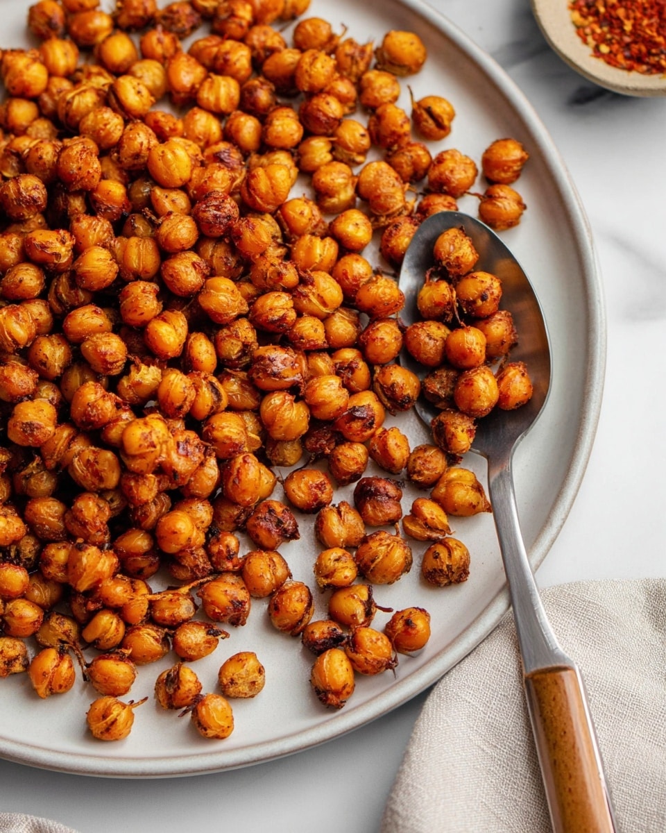 A close-up view of a large flat white plate filled with two layers of crispy roasted chickpeas that are golden brown with some darker spots, showing a crunchy texture. On the right side of the plate, a silver spoon with a wooden handle holds a small portion of the chickpeas, slightly overlapping the plate’s edge. The background is a white marbled surface with part of a light-colored fabric cloth visible in the bottom right corner and a small round dish containing red seasoning in the top right corner, slightly out of focus. Photo taken with an iphone --ar 4:5 --v 7